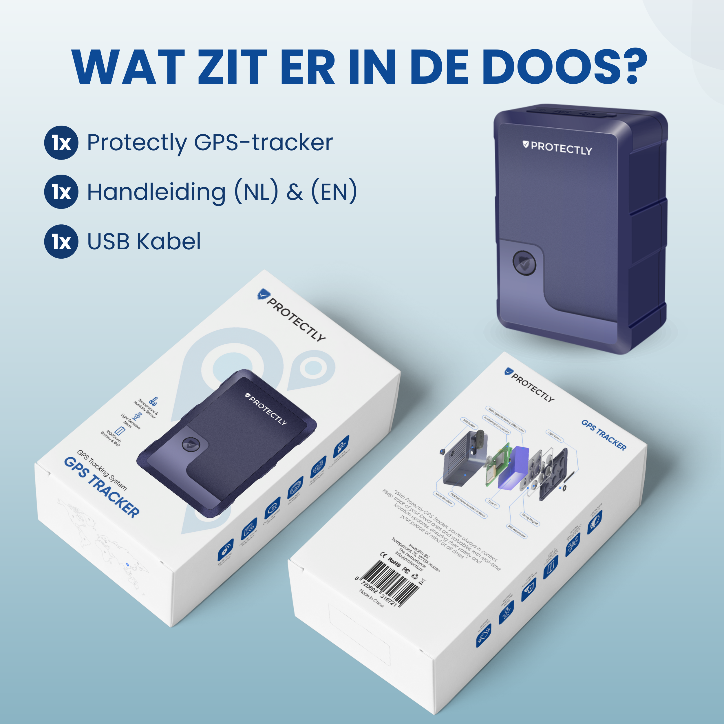 Box contents: GPS tracker, manual (NL & EN), USB cable.