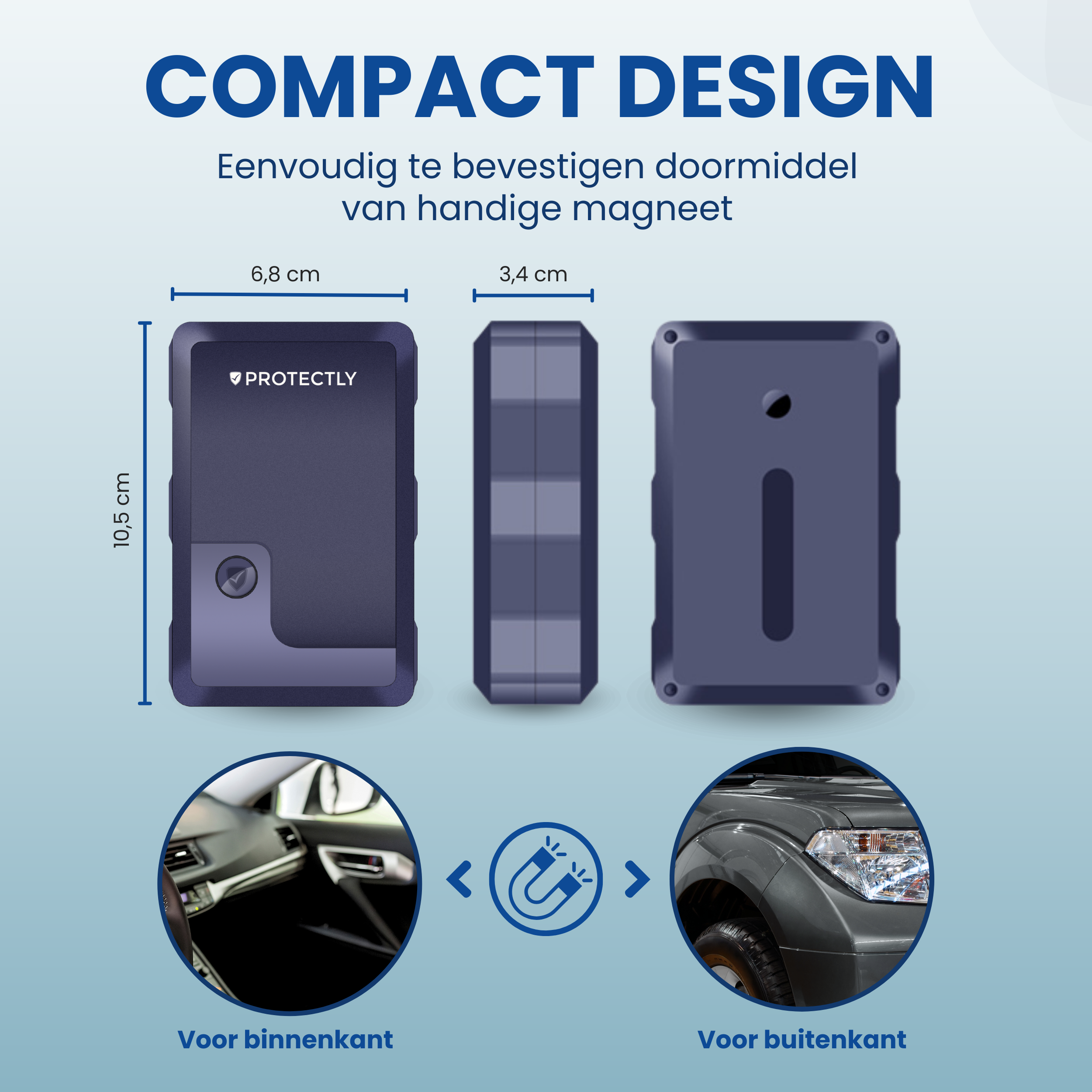 Compact design, easy to attach with magnet. Dimensions: 10.5 x 6.8 x 3.4 cm.
