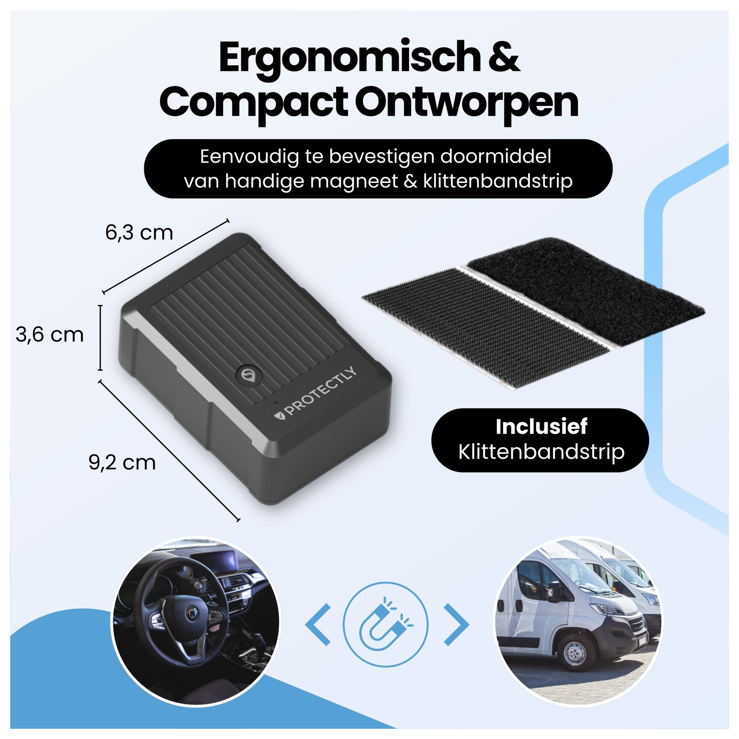 Compacte zwarte tracker met afmetingen, klittenband en magneet.