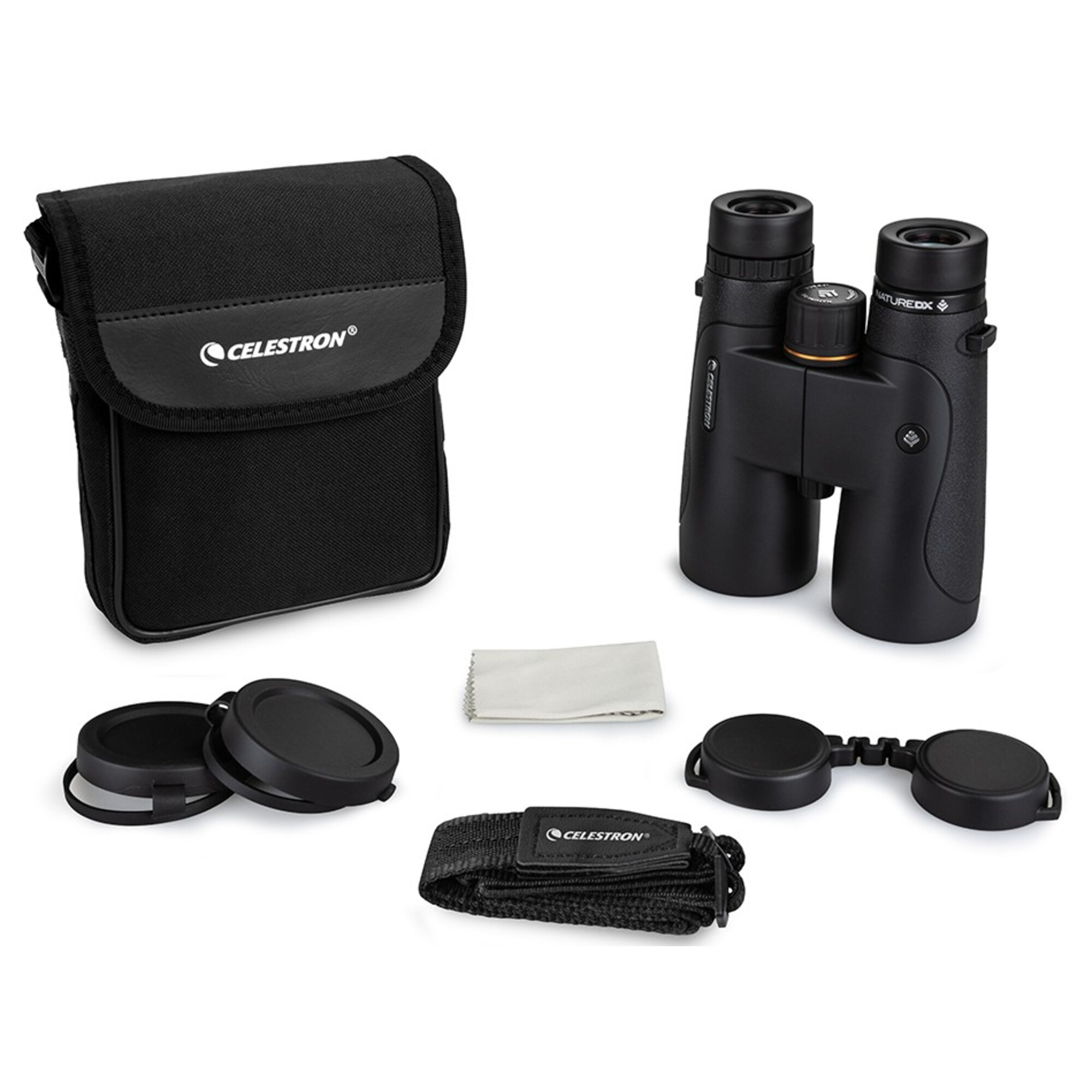 Schwarze Celestron-Ferngläser mit Tasche, Objektivdeckeln, Reinigungstuch und Riemen.