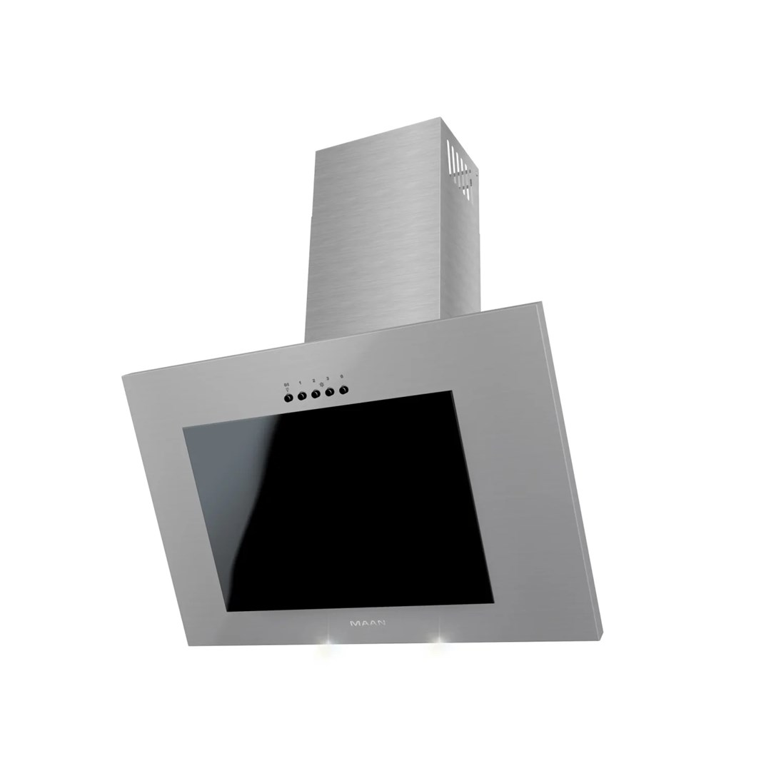 Srebrny okap kuchenny z czarnym panelem szklanym i przyciskami sterowania.