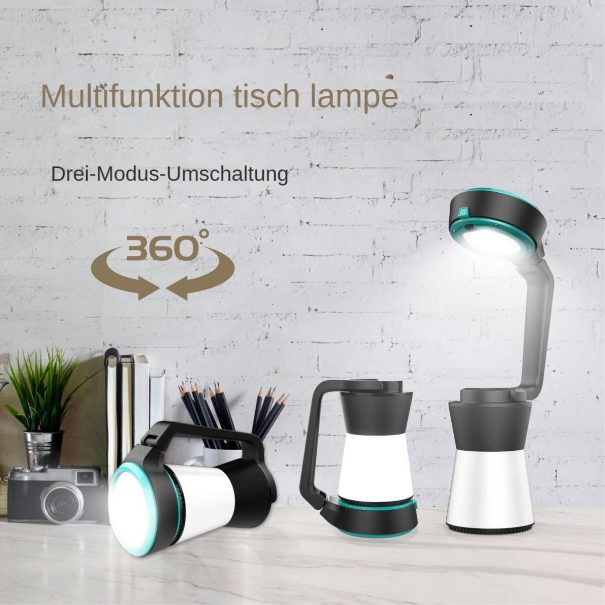 Drei moderne Lampen auf einem Schreibtisch: eine Taschenlampe, eine Laterne und eine Schreibtischlampe.