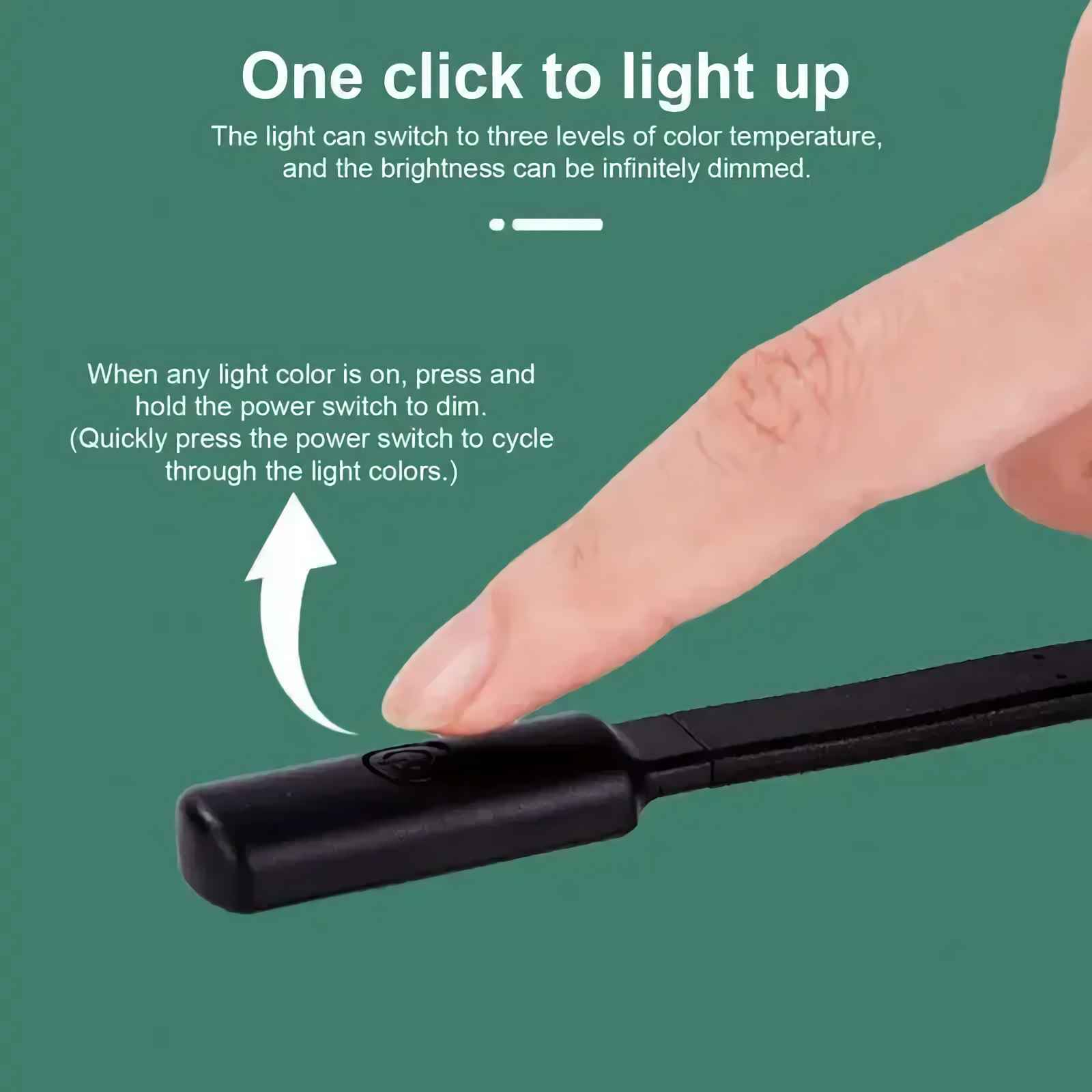 Ein Finger drückt einen Knopf an einem schwarzen Gerät. Text beschreibt Lichtsteuerung.