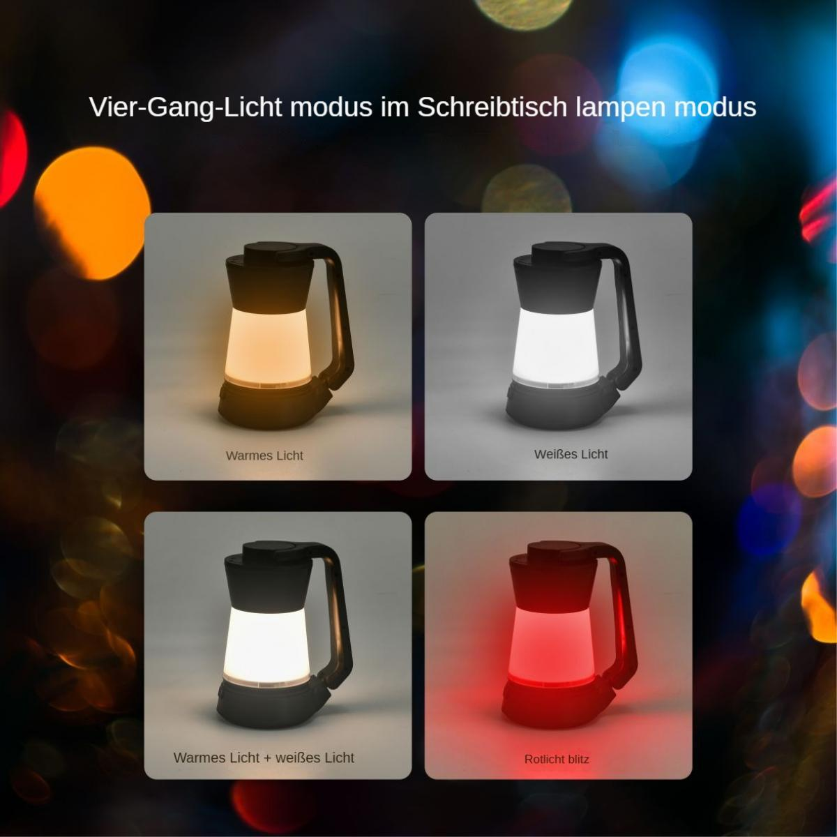 Vier Lichtmodi gezeigt: warm, weiß, kombiniert und roter Blitz.