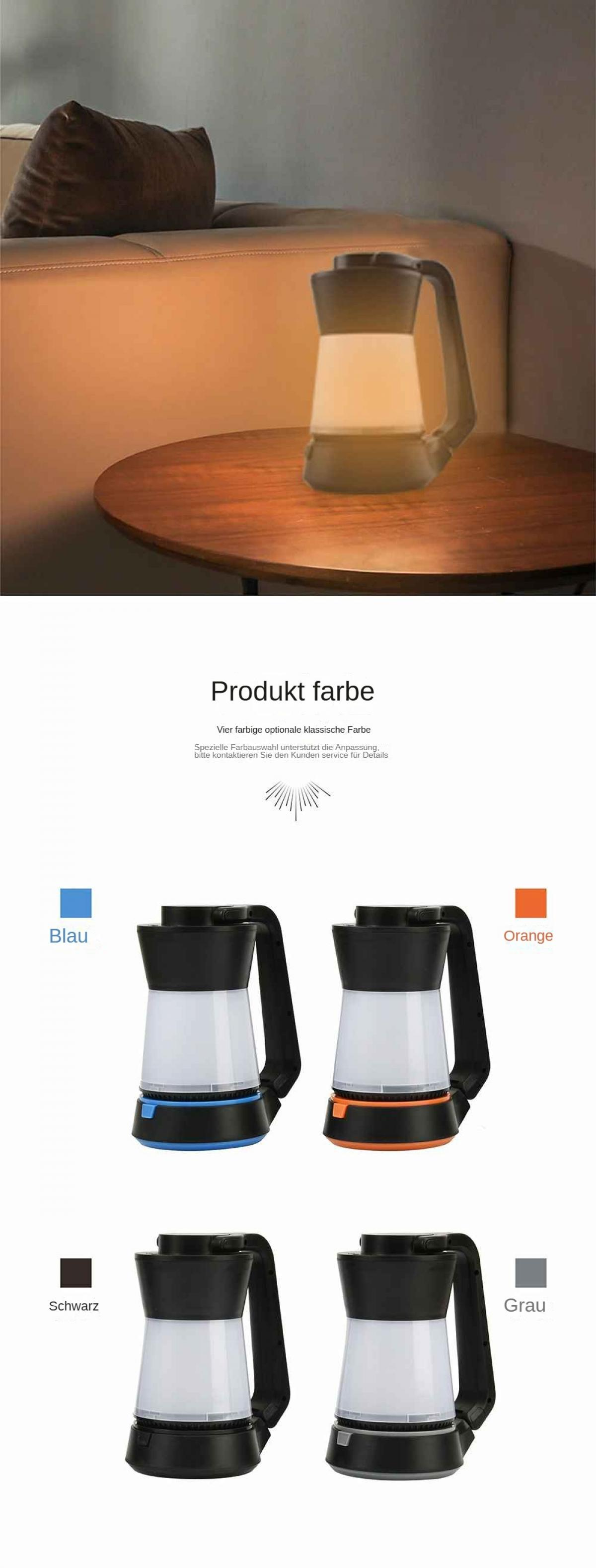 Vier Lampen in verschiedenen Farben: Blau, Orange, Schwarz und Grau.