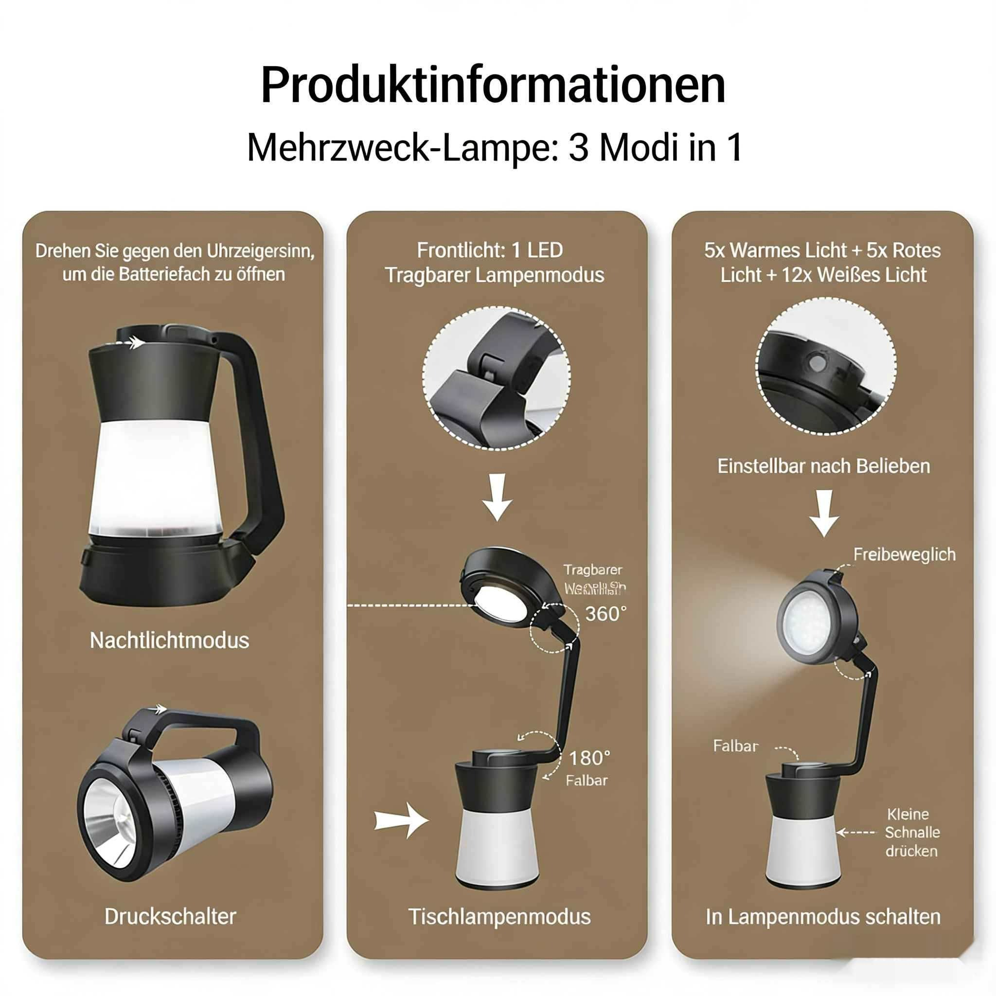 Mehrzwecklampe mit 3 Modi: Nachtlicht, tragbar und Tischlampe.