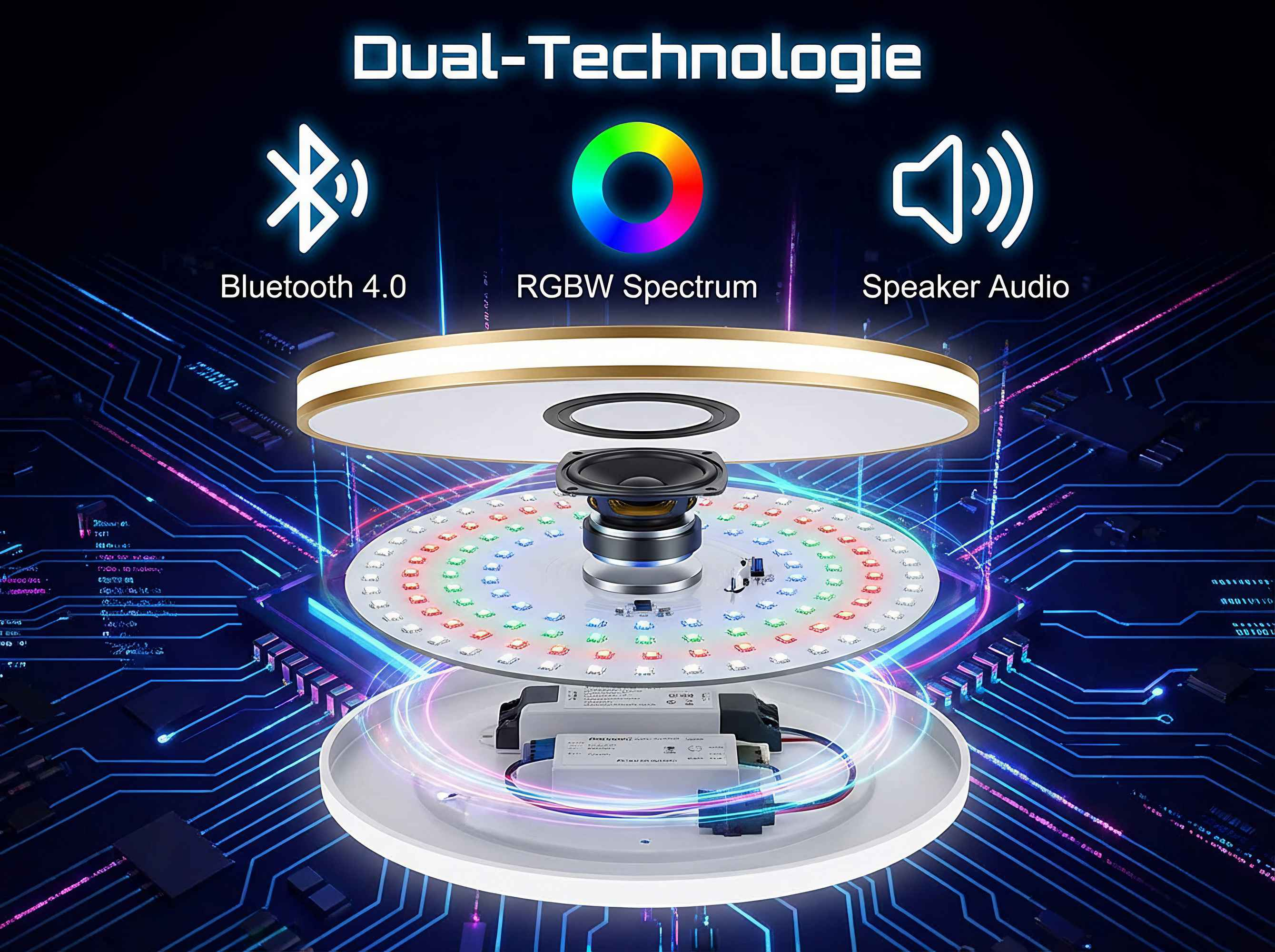 Deckenleuchte mit Bluetooth, RGBW-Spektrum und Lautsprecher. Abstrakter Hintergrund.