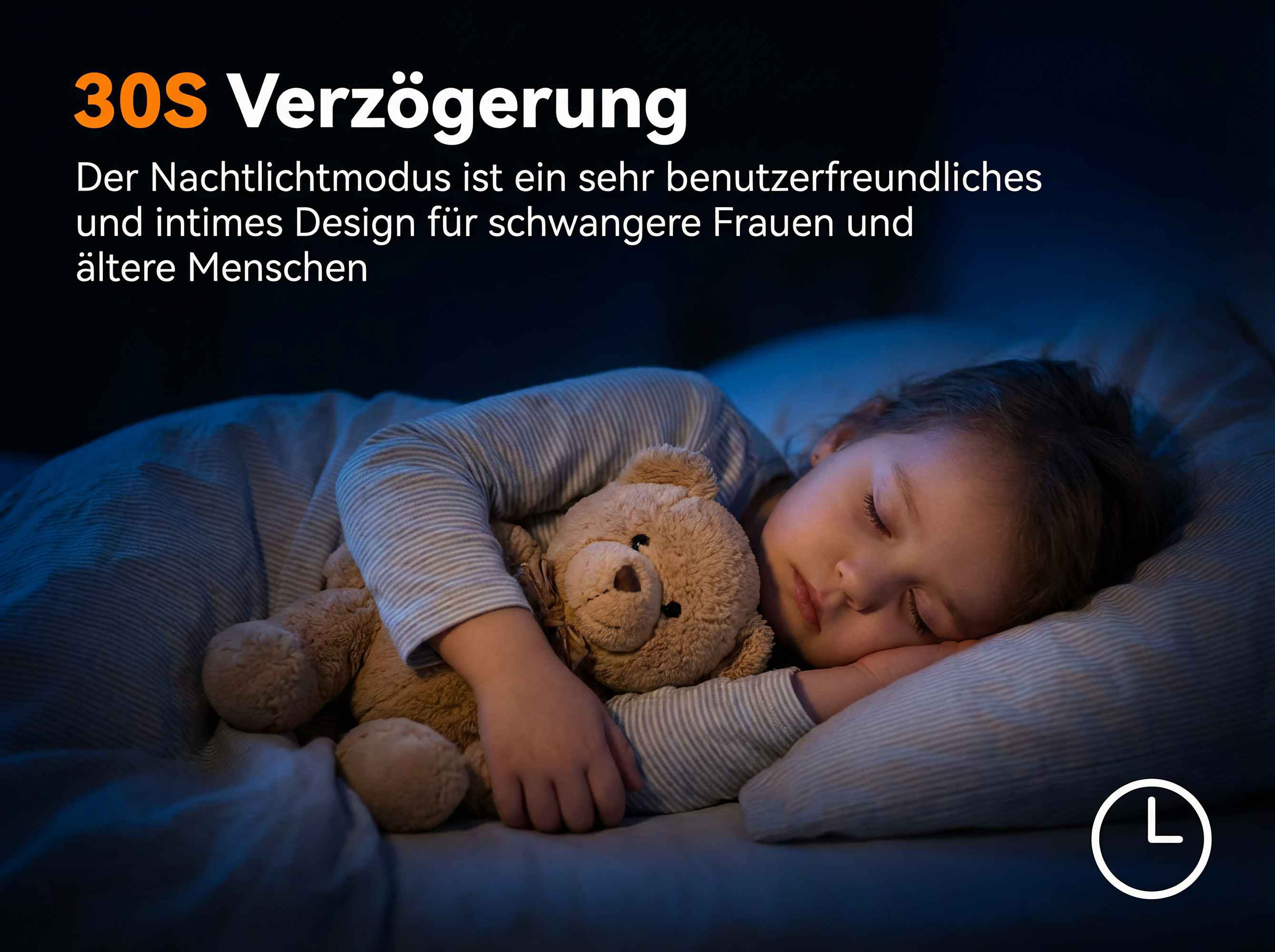 Ein Kind schläft mit Teddy im Bett. Text: 30S Verzögerung.