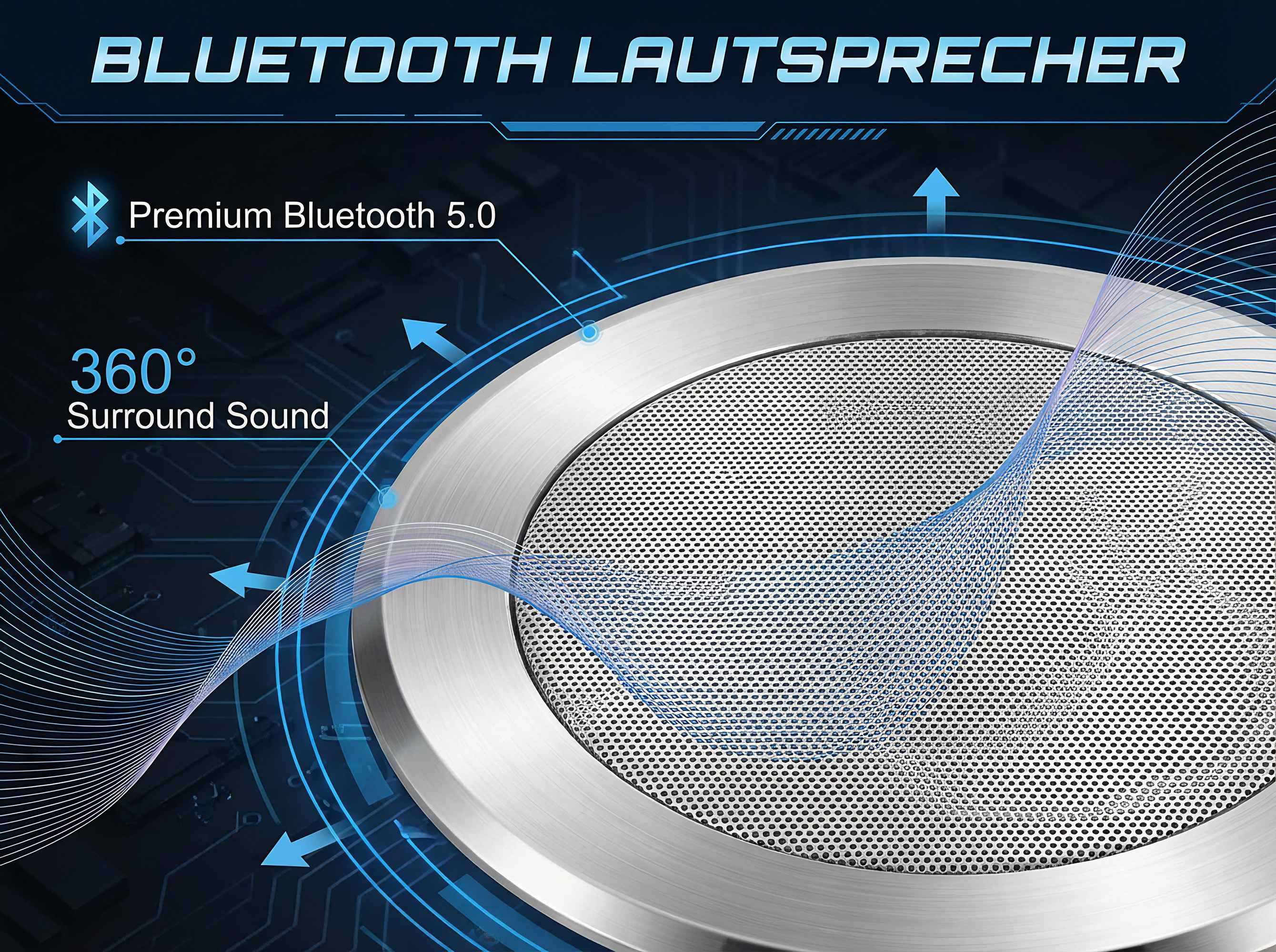 Nahaufnahme eines silbernen Lautsprechers mit Lochmuster und blauen Wellen.