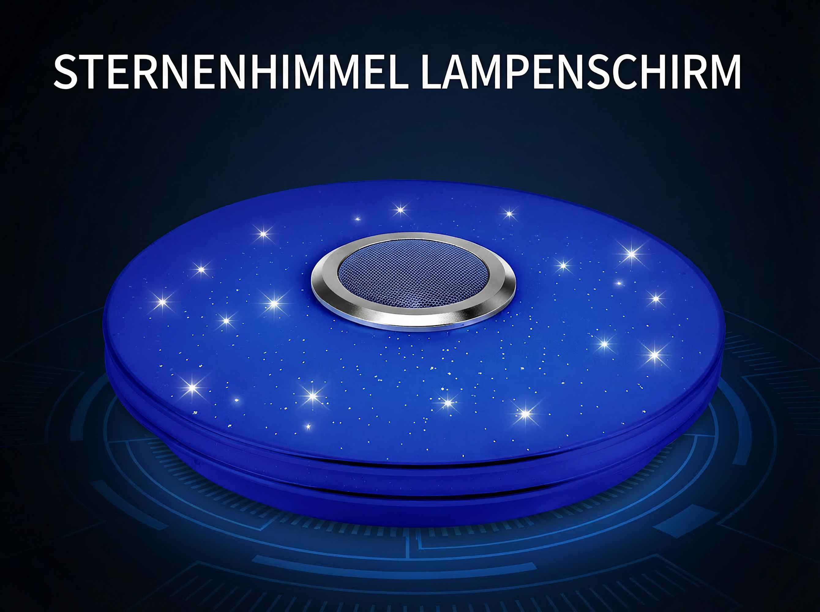Ein blauer Sternenhimmel-Lampenschirm mit einem silbernen Lautsprechergitter in der Mitte.