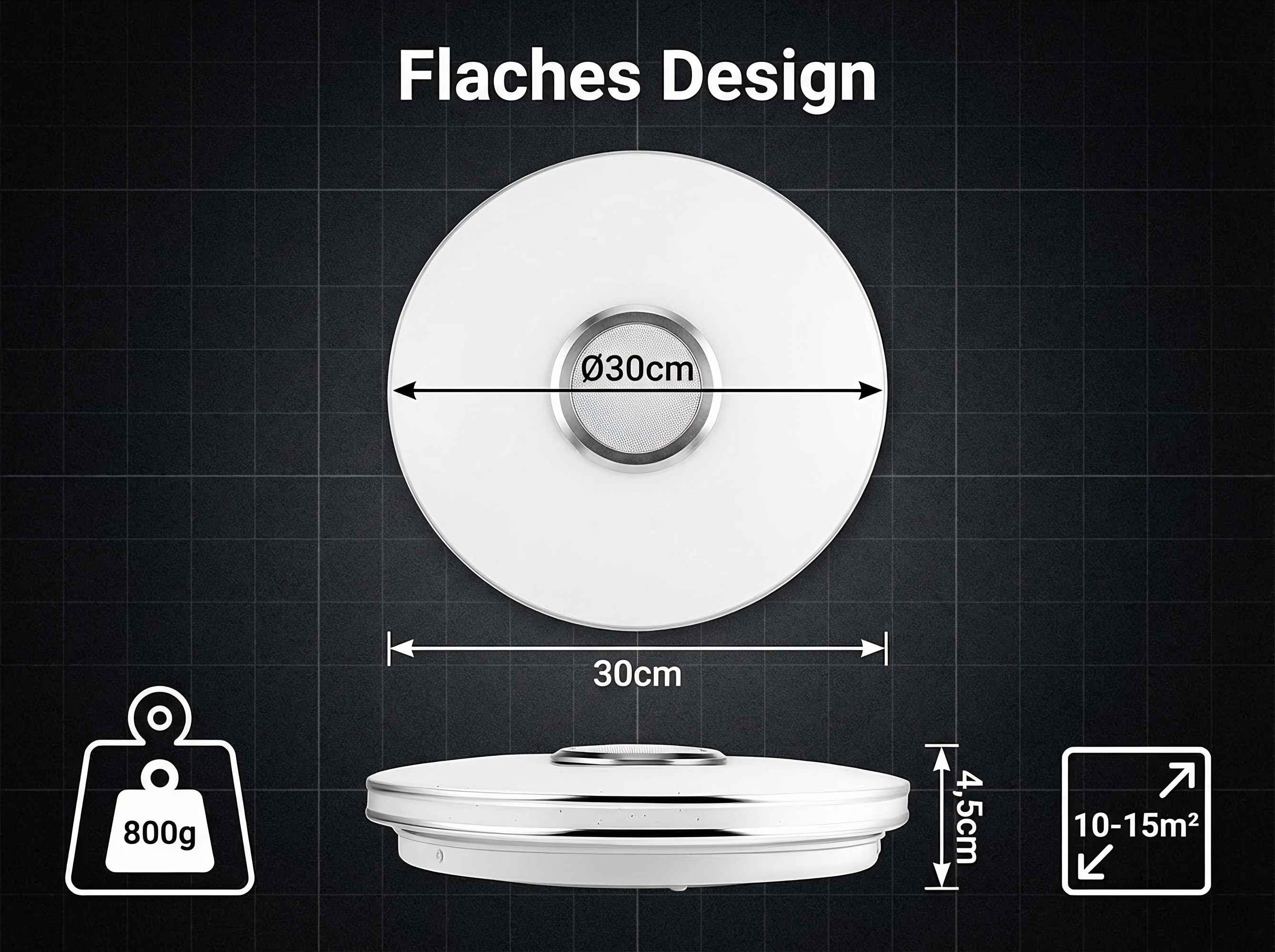 Weiße Deckenleuchte, 30cm Durchmesser, 4,5cm Höhe, 800g Gewicht, für 10-15m².