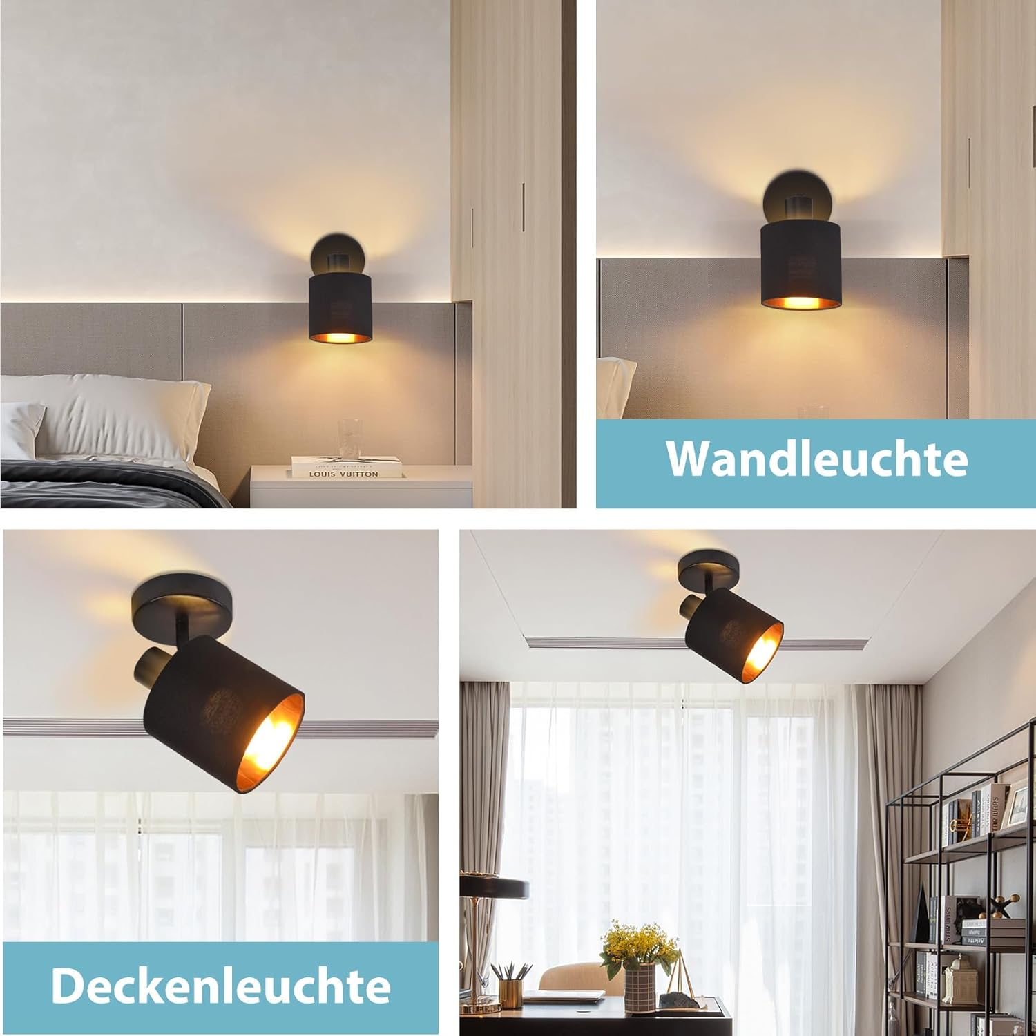 Faretti moderni in tessuto nero, da parete e soffitto, luce calda.