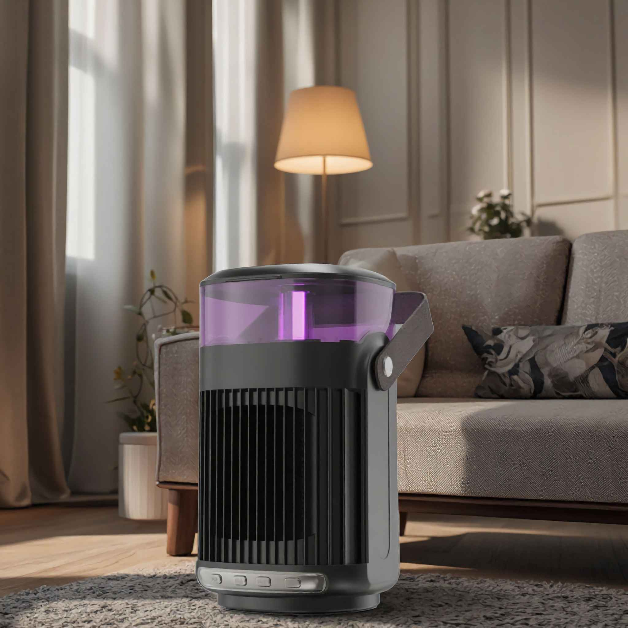 Ein dunkelgrauer Luftreiniger mit lila Licht steht auf einem Teppich im Wohnzimmer.