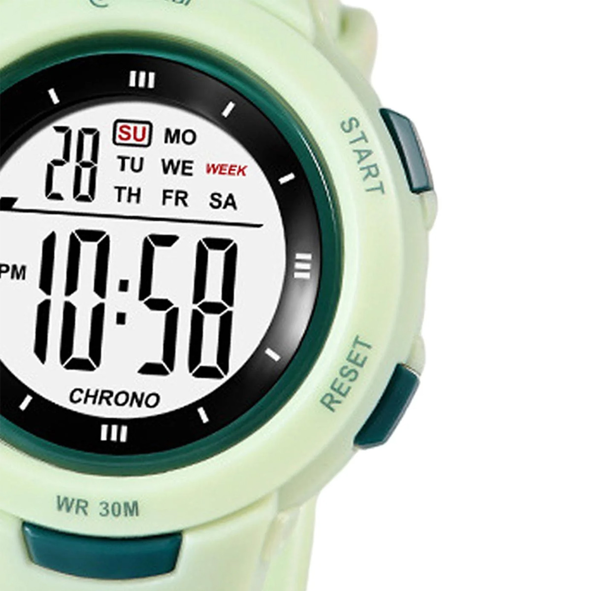 Orologio digitale con cinturino verde chiaro, mostra le 10:58, data 28, giorno DO.