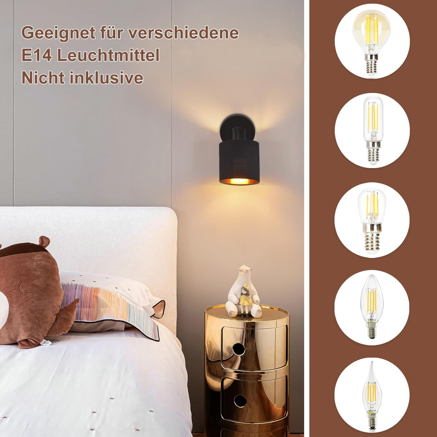 Scena camera da letto con applique e lampadine E14. Adatto per lampadine E14, non incluse.
