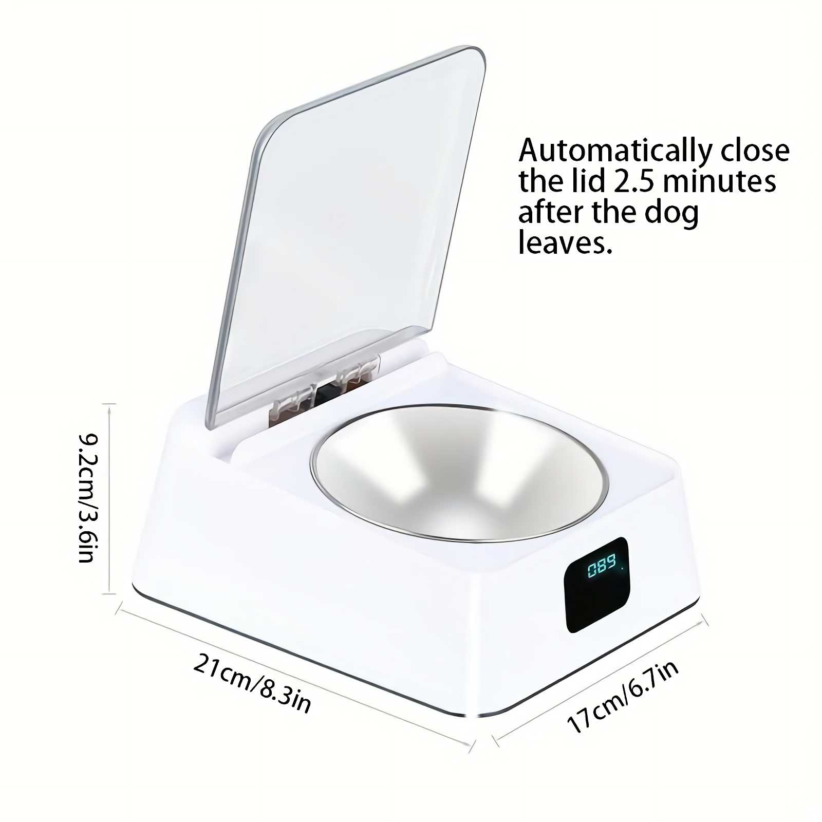 Weißer automatischer Tierfutterspender mit offenem Deckel, Digitalanzeige und Maßen.