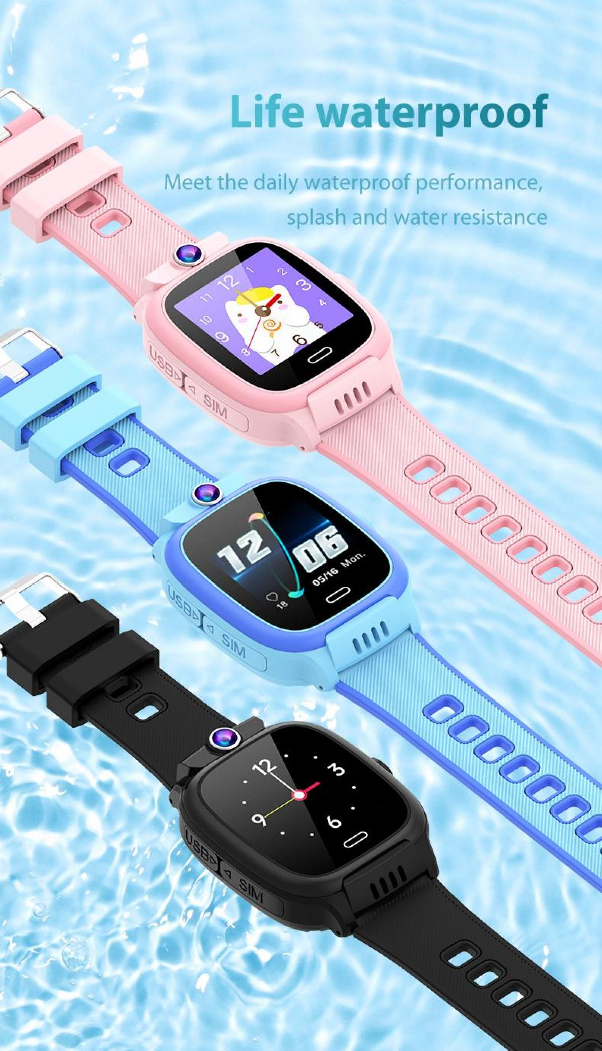 Drei wasserdichte Smartwatches in Pink, Blau und Schwarz liegen auf plätscherndem Wasser.