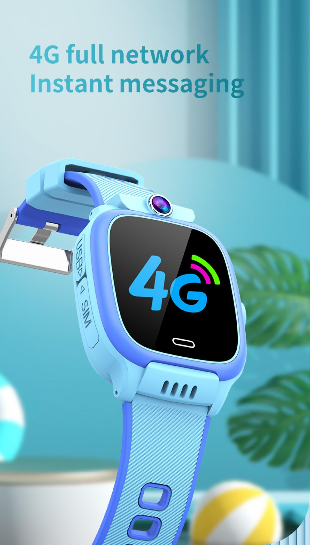 Eine blaue 4G-Smartwatch mit Kamera, die die 4G-Signalstärke anzeigt.