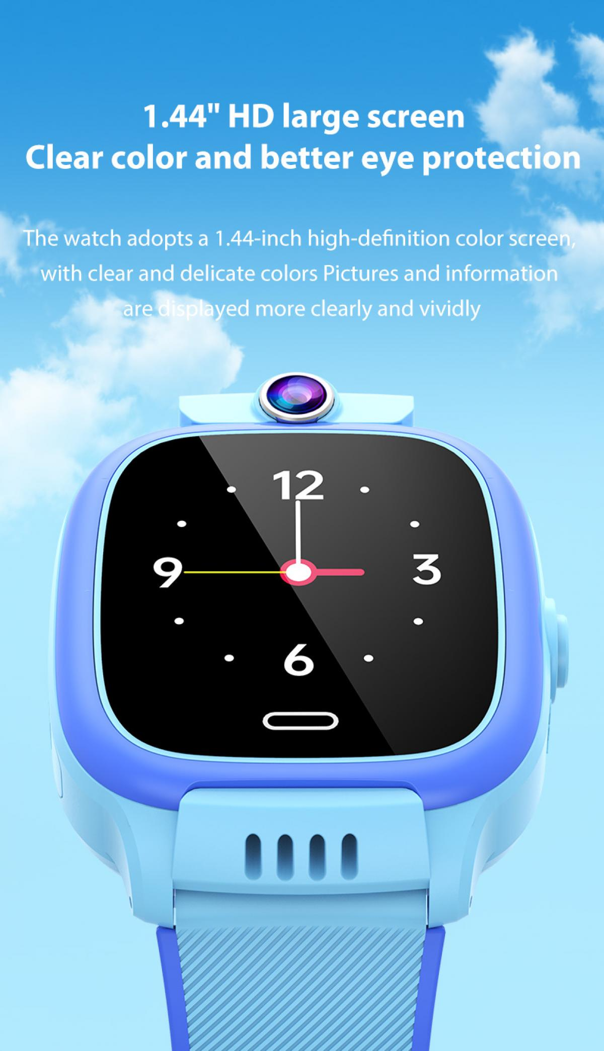 Eine blaue Smartwatch mit 1,44" HD-Bildschirm zeigt ein Zifferblatt mit den Zahlen 12, 3, 6 und 9.