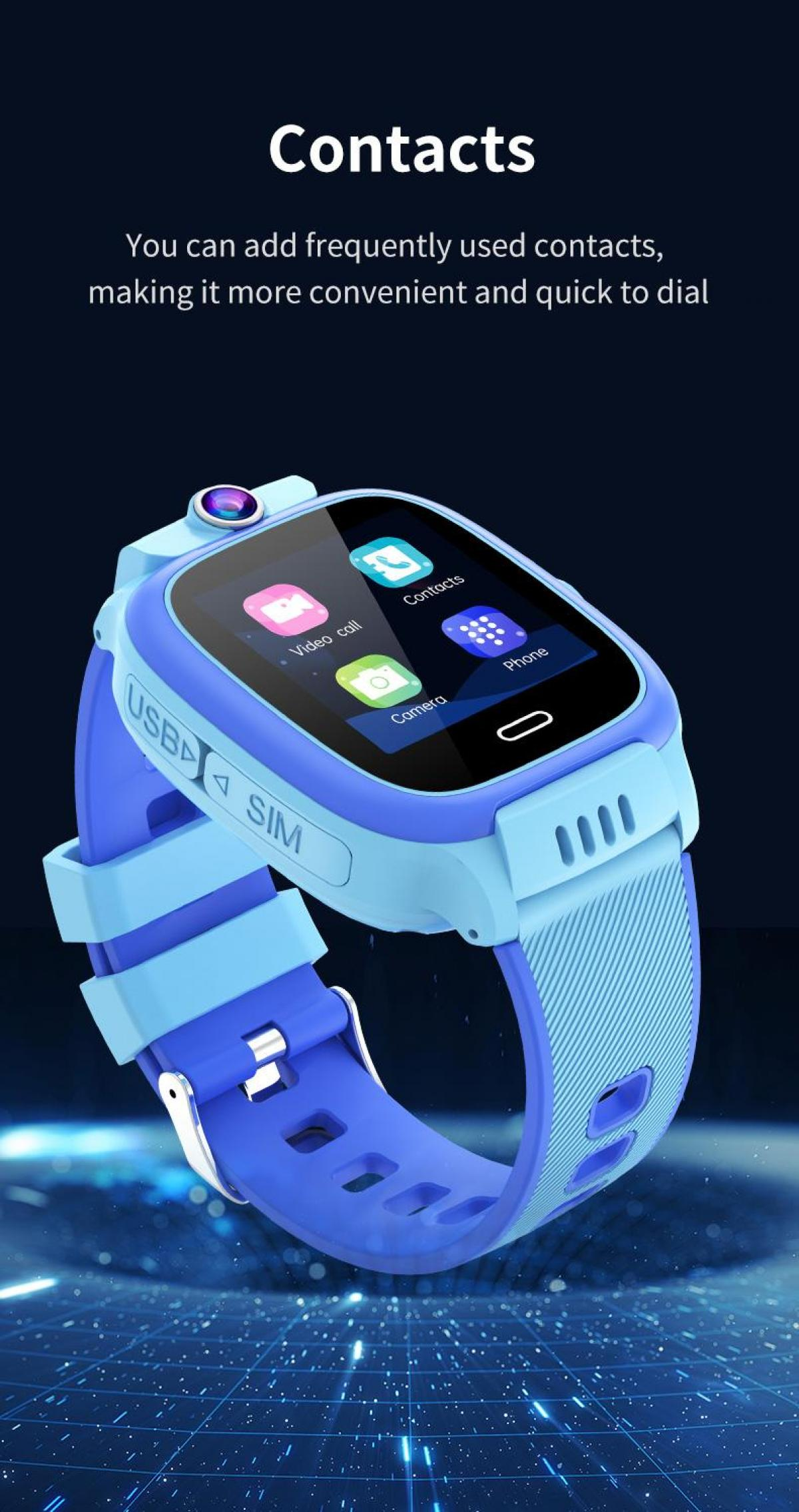 Blaue Smartwatch mit Touchscreen, zeigt Symbole für Kontakte, Videoanruf, Kamera und Telefon.