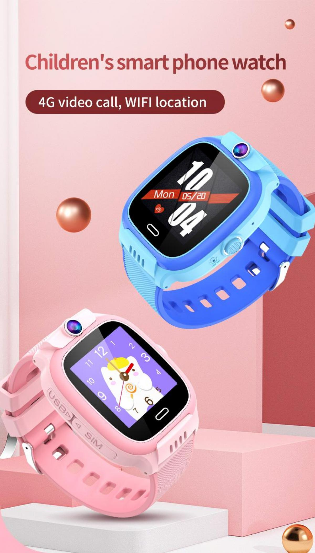 Zwei Kinder-Smartwatches, eine blaue und eine pinke, angezeigt mit Text über Funktionen.