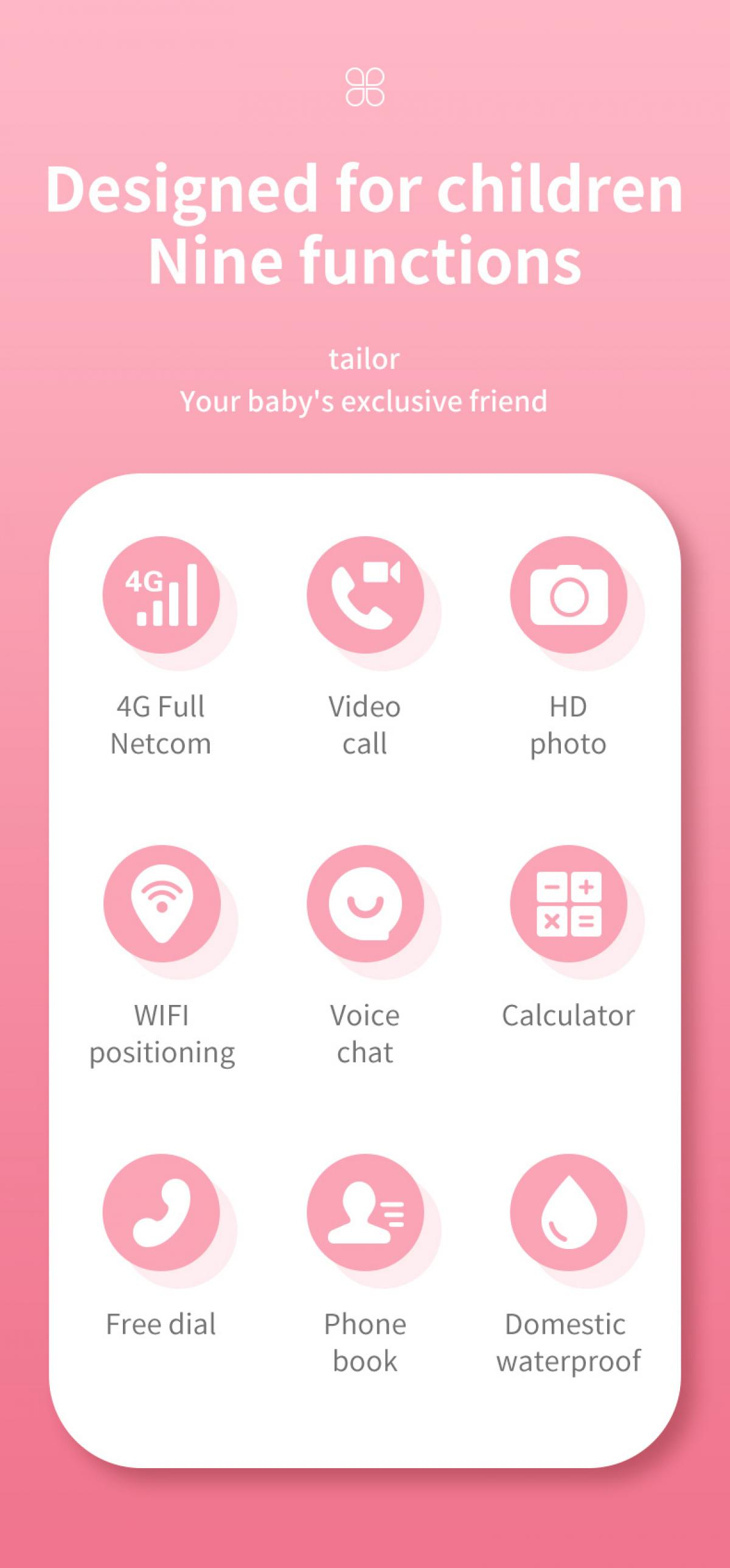Rosa Symbole auf weißem Hintergrund: 4G, Video, Kamera, WLAN, Chatblase, Rechner, Telefon, Person, Tropfen.
