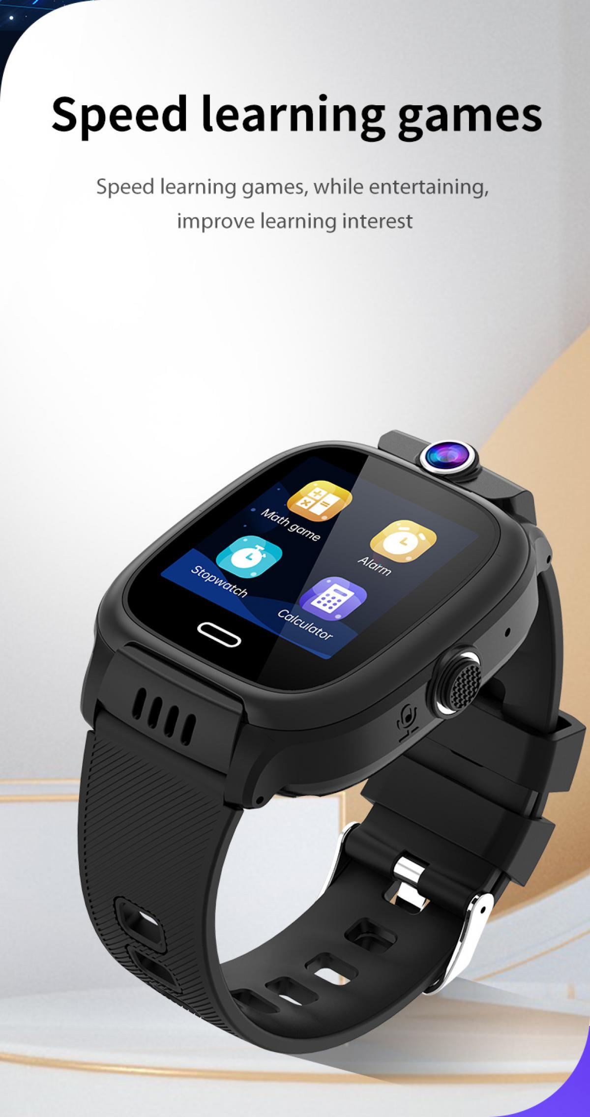 Schwarze Smartwatch mit bunten App-Symbolen auf dem Bildschirm: Mathespiel, Stoppuhr, Alarm, Rechner.