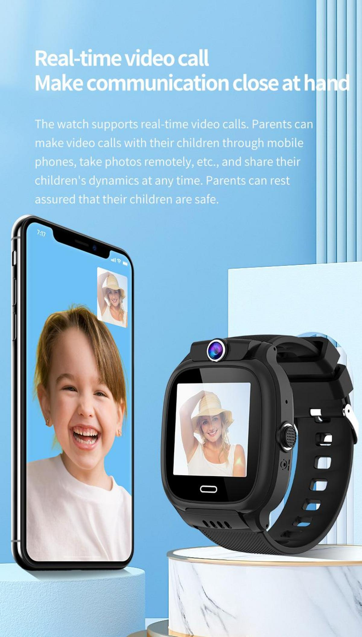 Eine Smartwatch und ein Smartphone zeigen einen Videoanruf mit einem lächelnden Kind und einer Frau.