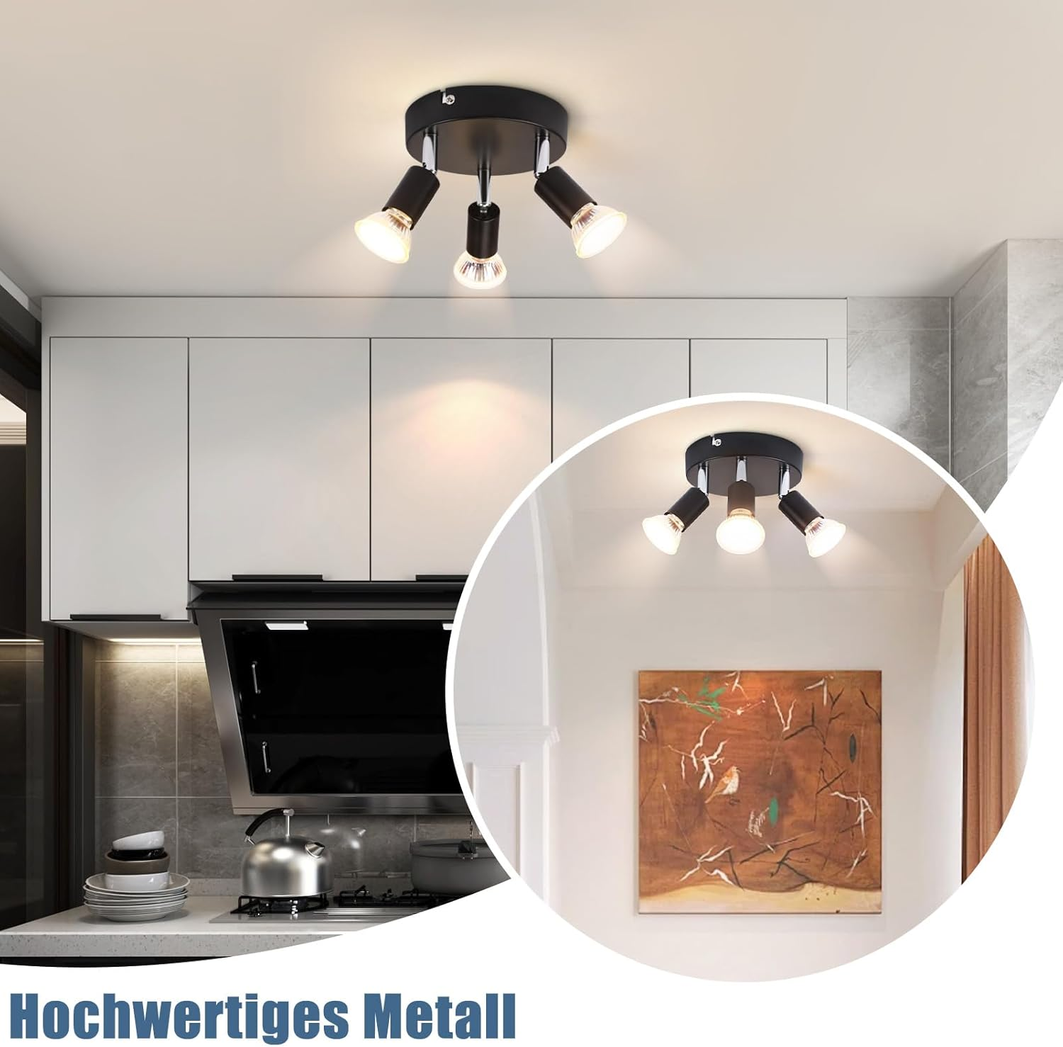 Una lampada da soffitto nera con quattro faretti regolabili illumina una cucina moderna e un soggiorno.