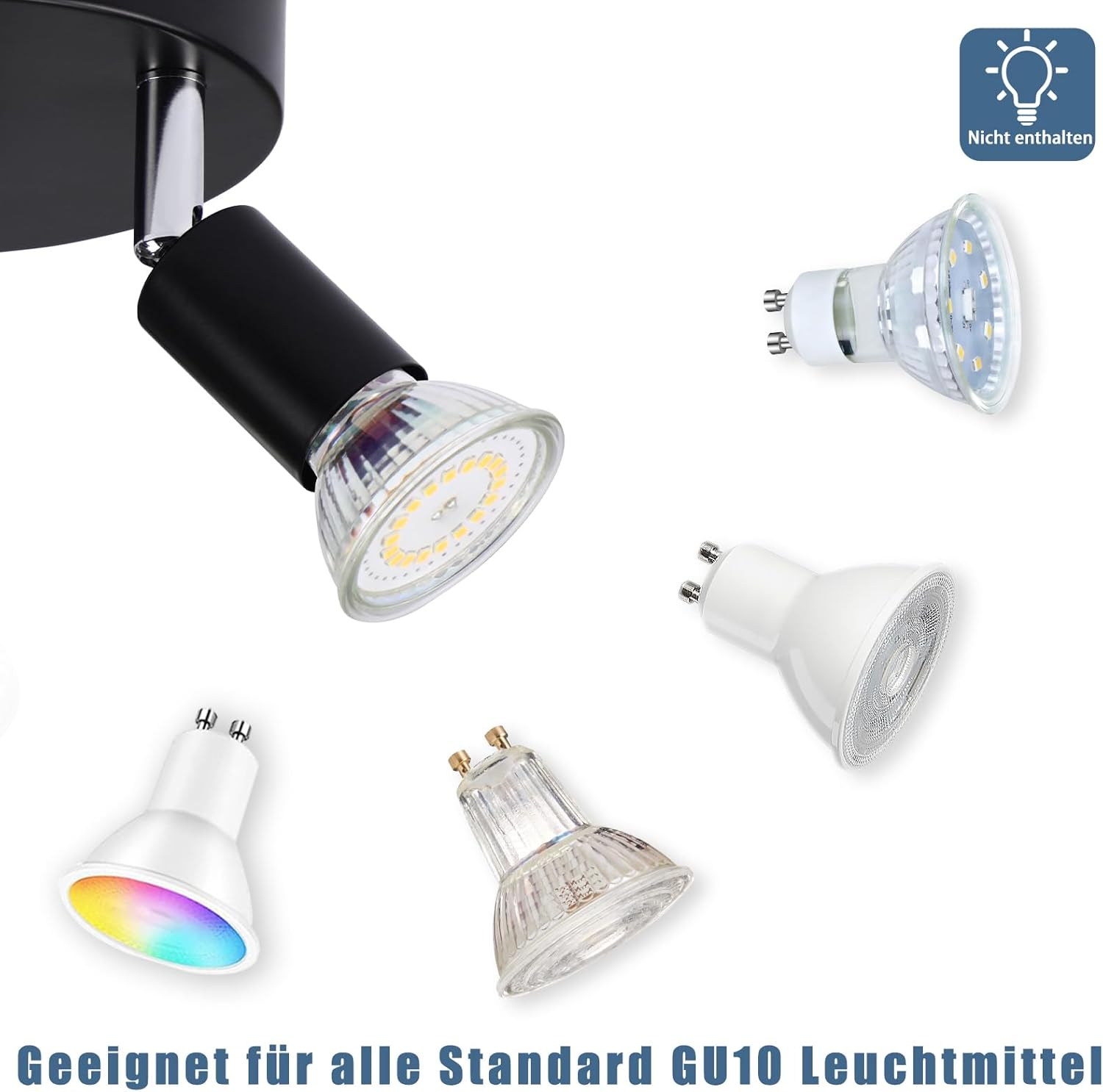 Una testa di faretto nera con diverse lampadine GU10.