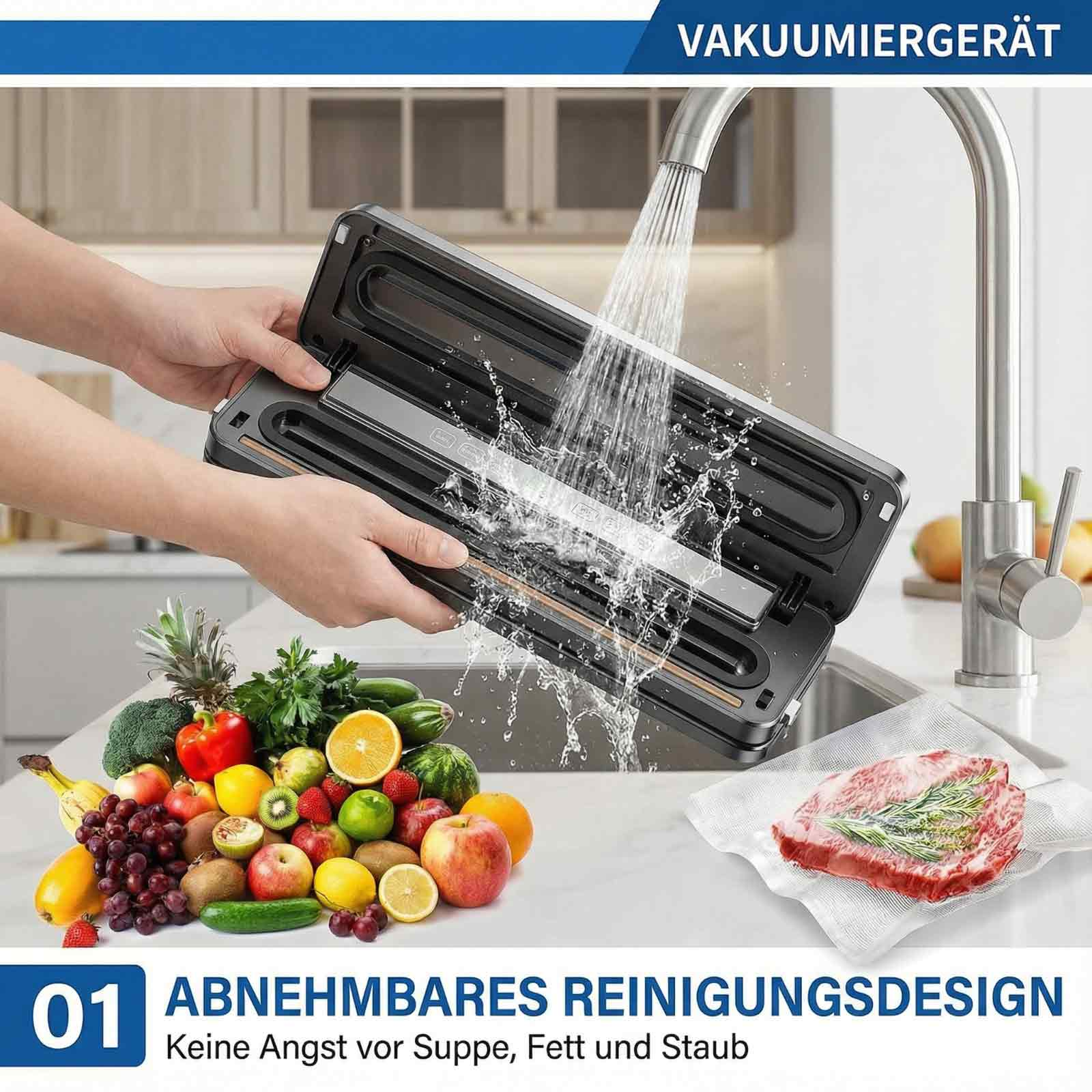 Ein Vakuumierer wird unter fließendem Wasser gereinigt, daneben liegt ein Haufen Obst und Gemüse.