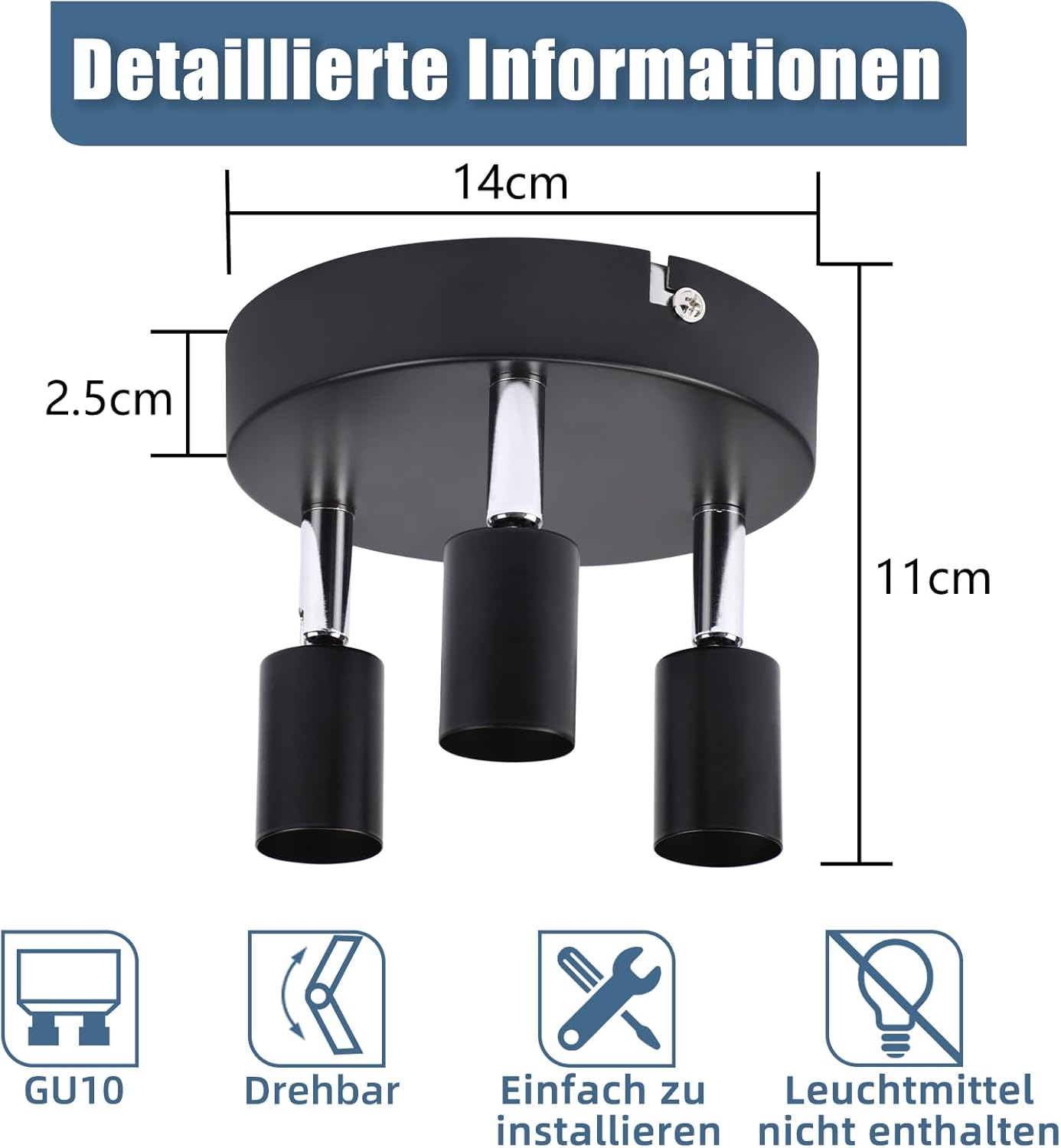 Faretti da soffitto neri con 3 spot, larghi 14cm, alti 11cm. Attacco GU10.
