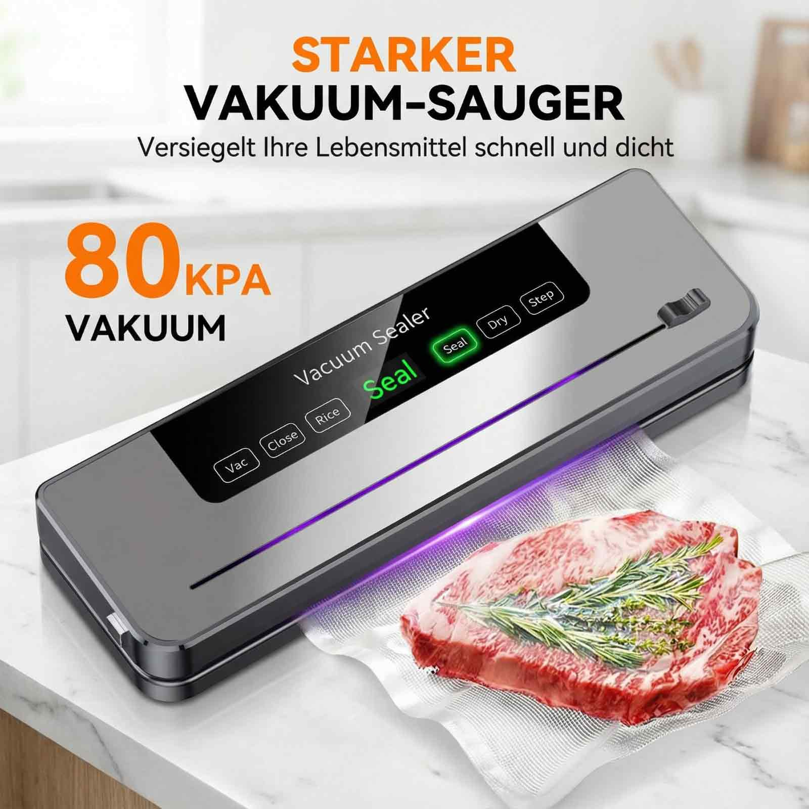 Ein grauer Vakuumierer mit rohem Steak in Vakuumbeutel. Text: '80 KPA VAKUUM'.