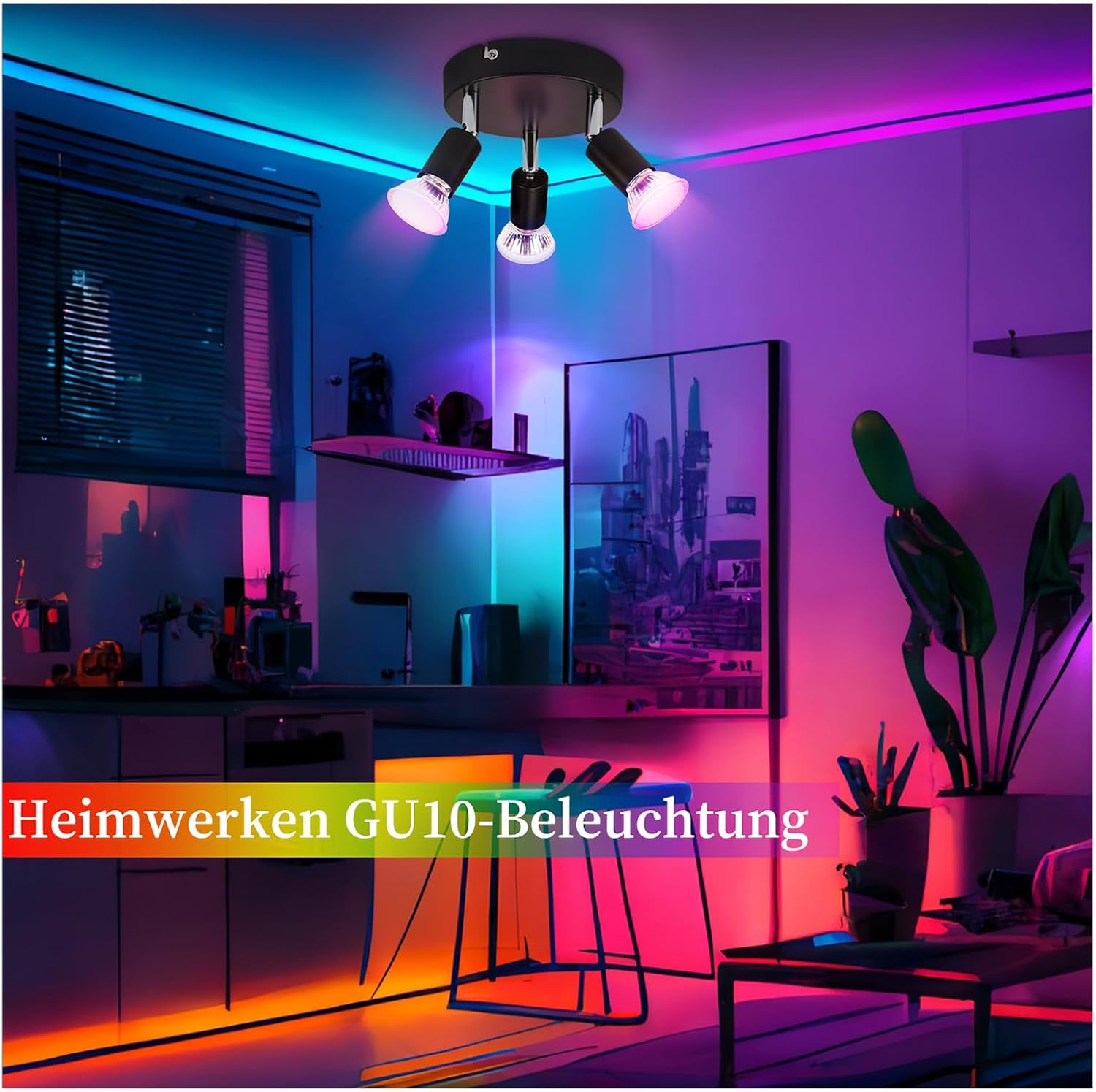 Ein modernes Zimmer mit Deckenleuchte und farbiger LED-Streifenbeleuchtung.