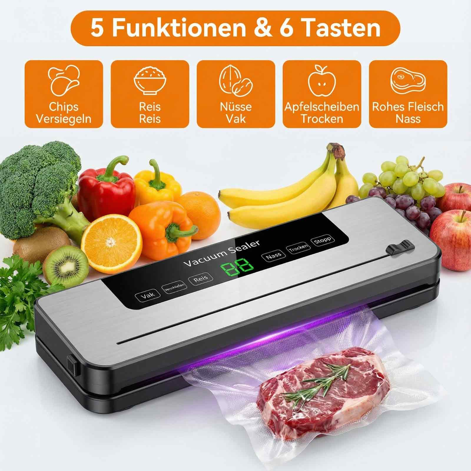Ein Vakuumierer mit Obst, Gemüse und Fleisch. Es zeigt 5 Funktionen und 6 Tasten.