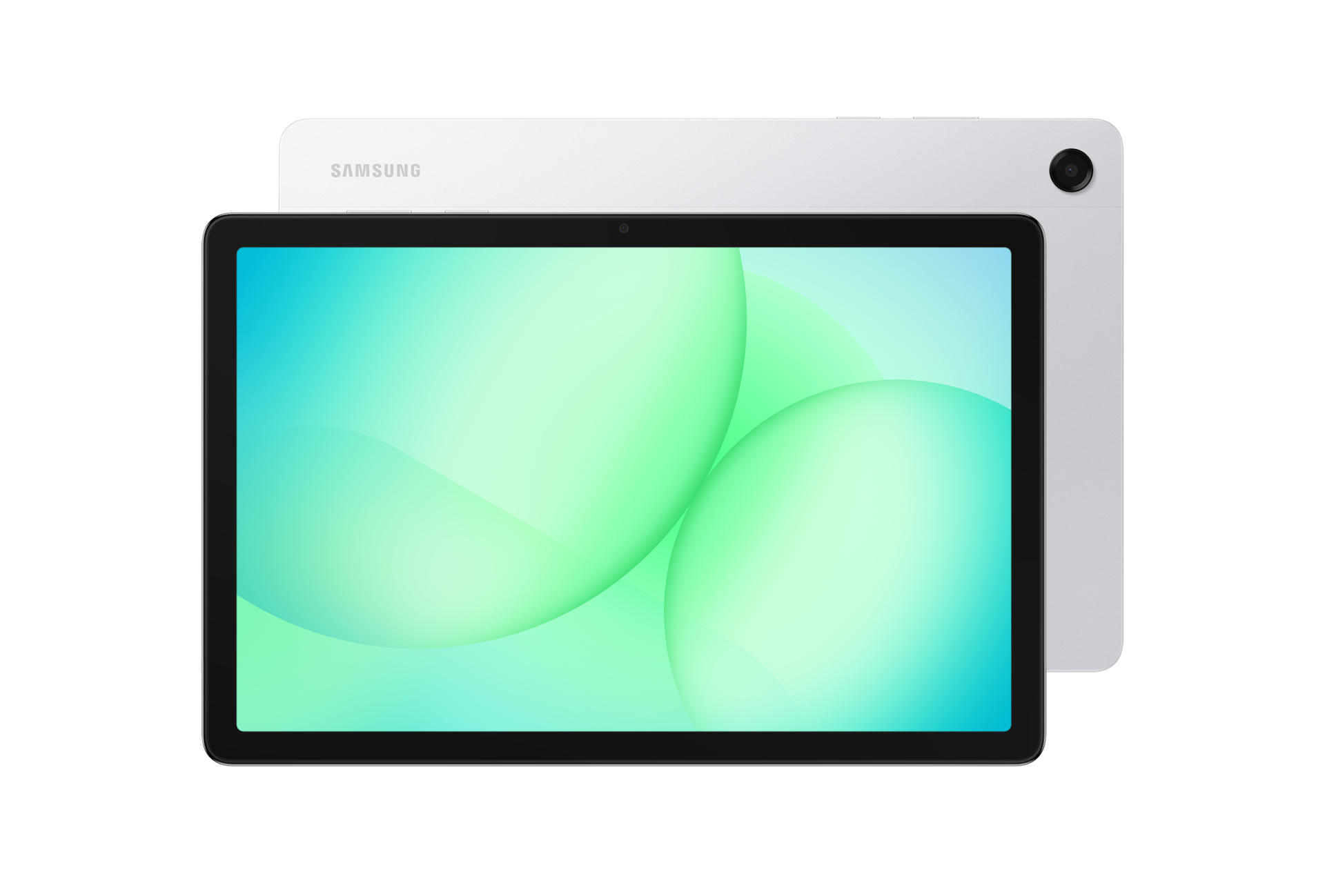 Srebrny tablet Samsung z czarną ramką wyświetla zielono-niebieskie abstrakcyjne tło.