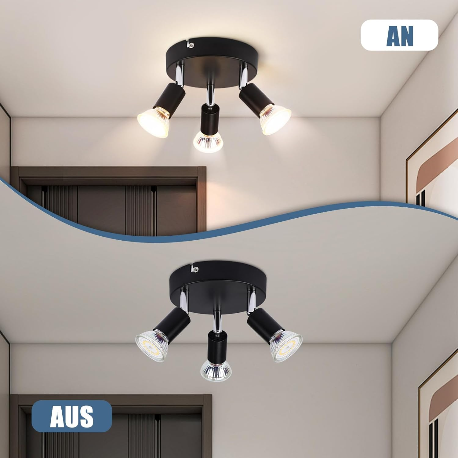 Faretti da soffitto neri con tre teste orientabili, illuminano un corridoio.