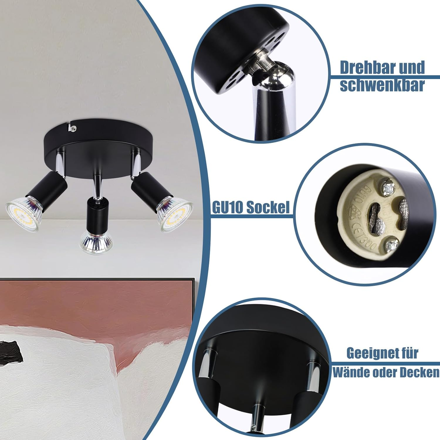 Faretti da soffitto neri con tre teste orientabili e attacco GU10.