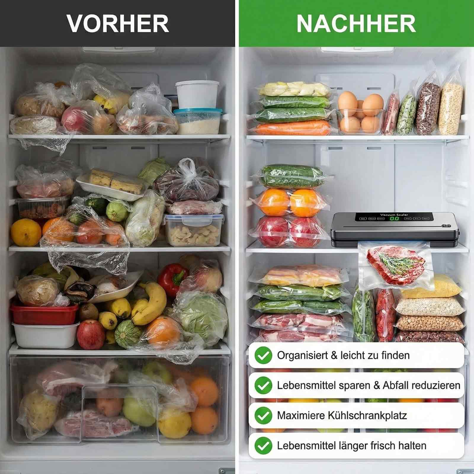 Geteiltes Bild: unordentlicher Kühlschrank innen links, organisierte Vakuumverpackungen rechts.