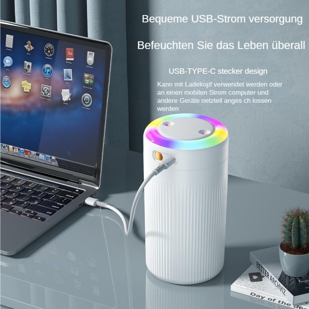 Ein weißer Luftbefeuchter mit farbigem LED-Licht wird über USB mit einem Laptop verbunden.