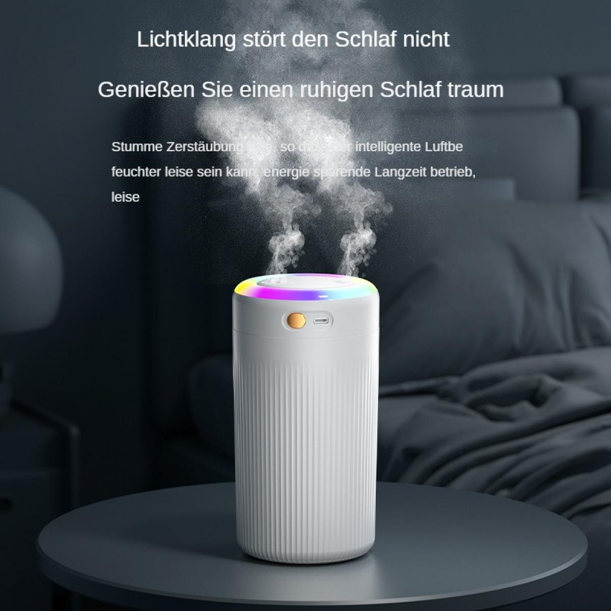 Ein weißer Luftbefeuchter mit bunten Lichtern gibt Dampf ab.