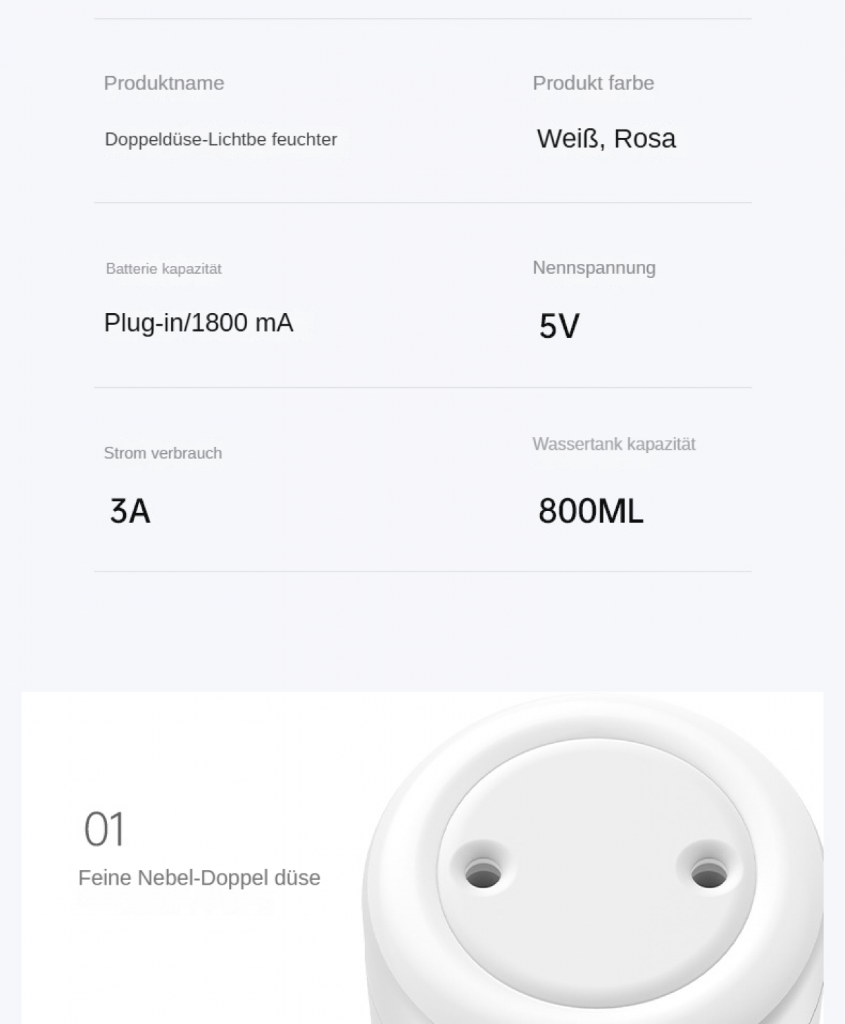 Produktspezifikationen: Weiß/Rosa Doppel Düsen Luftbefeuchter, 1800mA Akku, 5V, 3A, 800ML Tank.