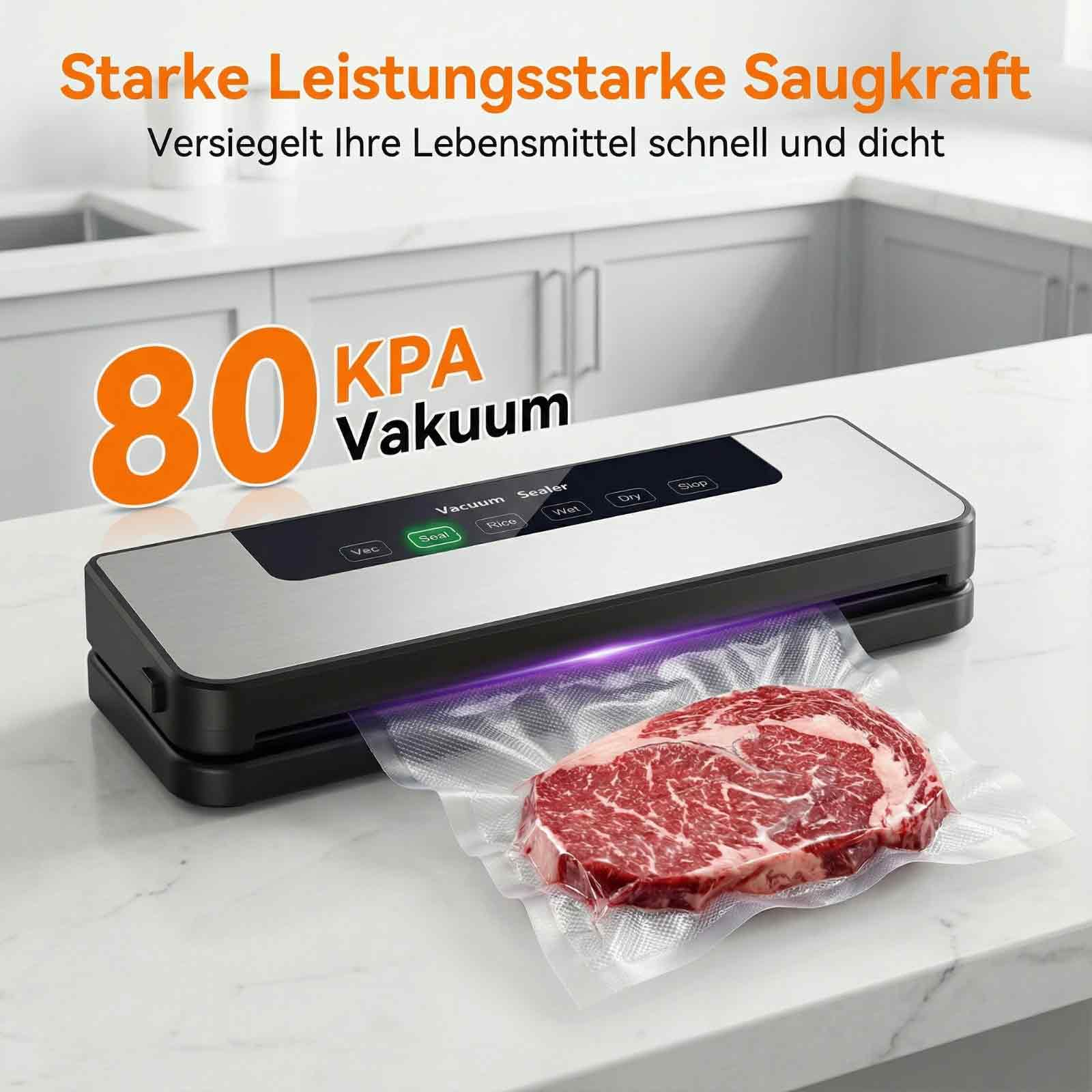 Ein Vakuumiergerät versiegelt ein rohes Steak in Plastik. "80 KPA Vakuuum" steht daneben.