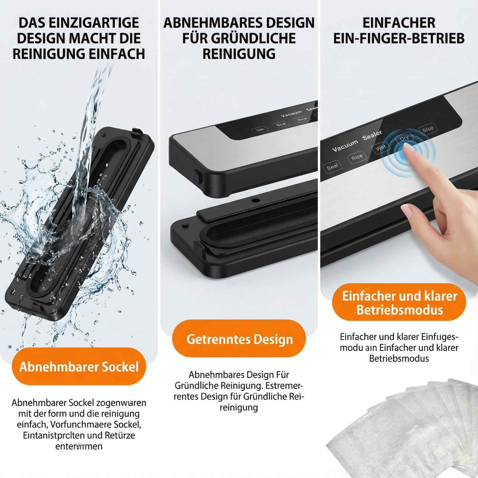 Collage zeigt Vakuumierer-Funktionen: abnehmbare Basisreinigung, abnehmbares Design und Ein-Finger-Bedienung.