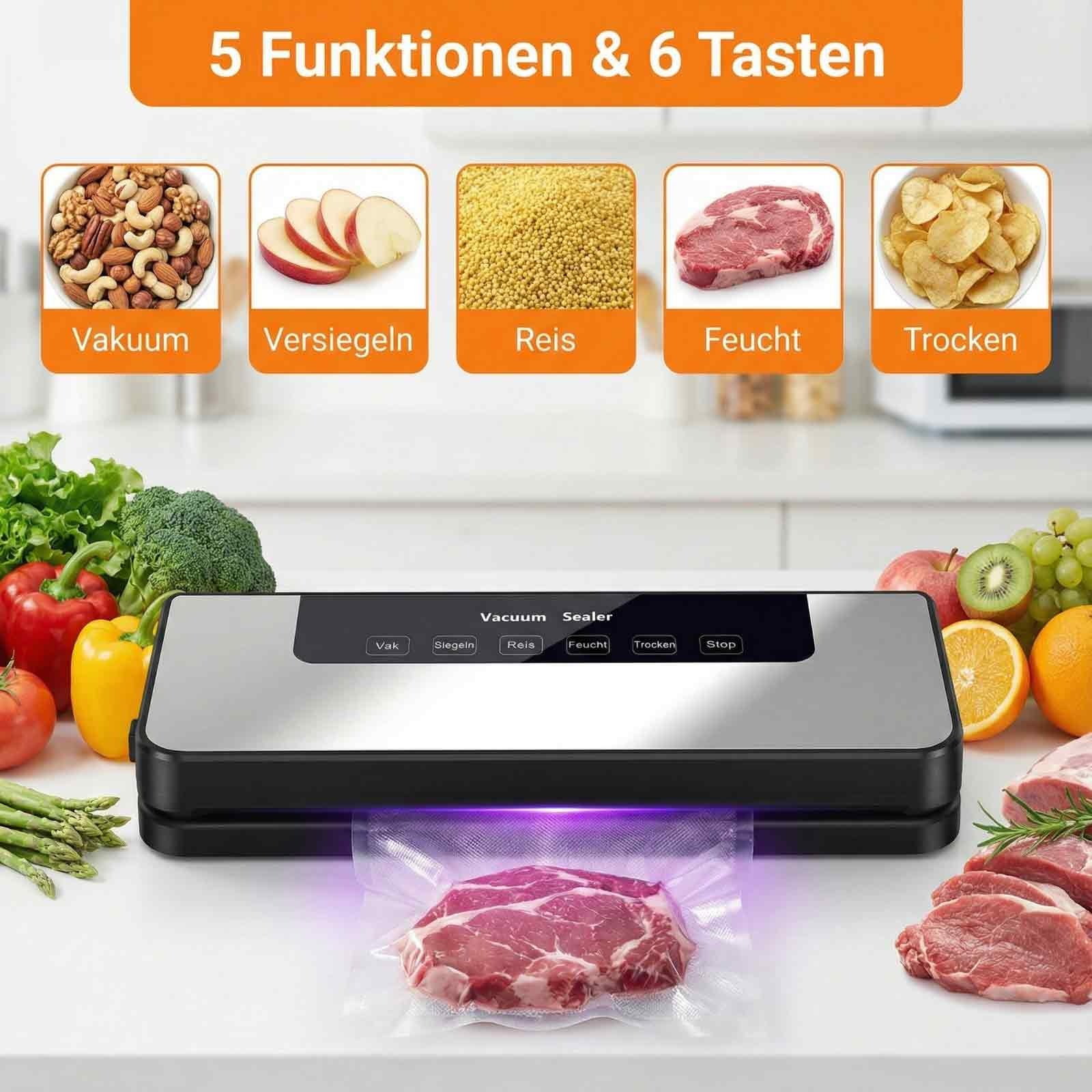 Vakuumierer mit verschiedenen Lebensmitteln und Funktionen.