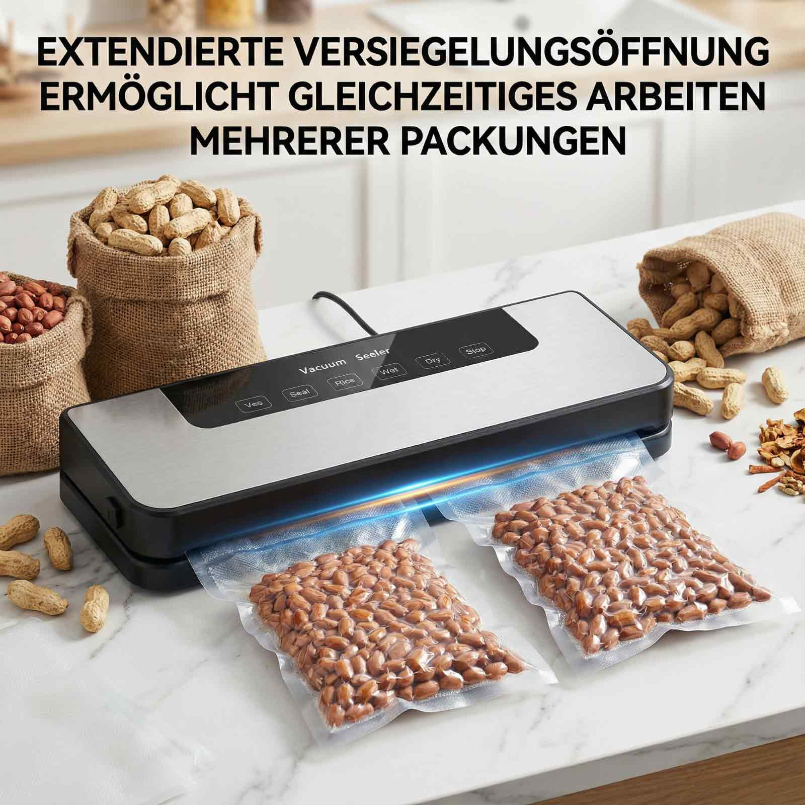Ein Vakuumiergerät versiegelt zwei Packungen mit Erdnüssen auf einer Marmoroberfläche.