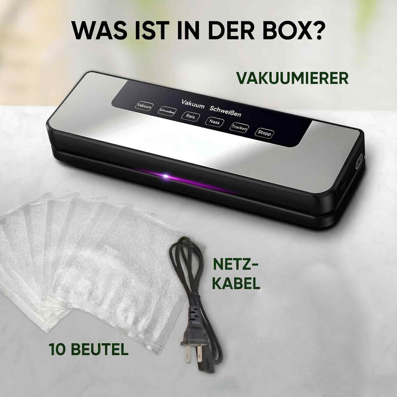 Ein Vakuumiergerät mit Knöpfen, 10 Beuteln und einem Netzkabel werden gezeigt.
