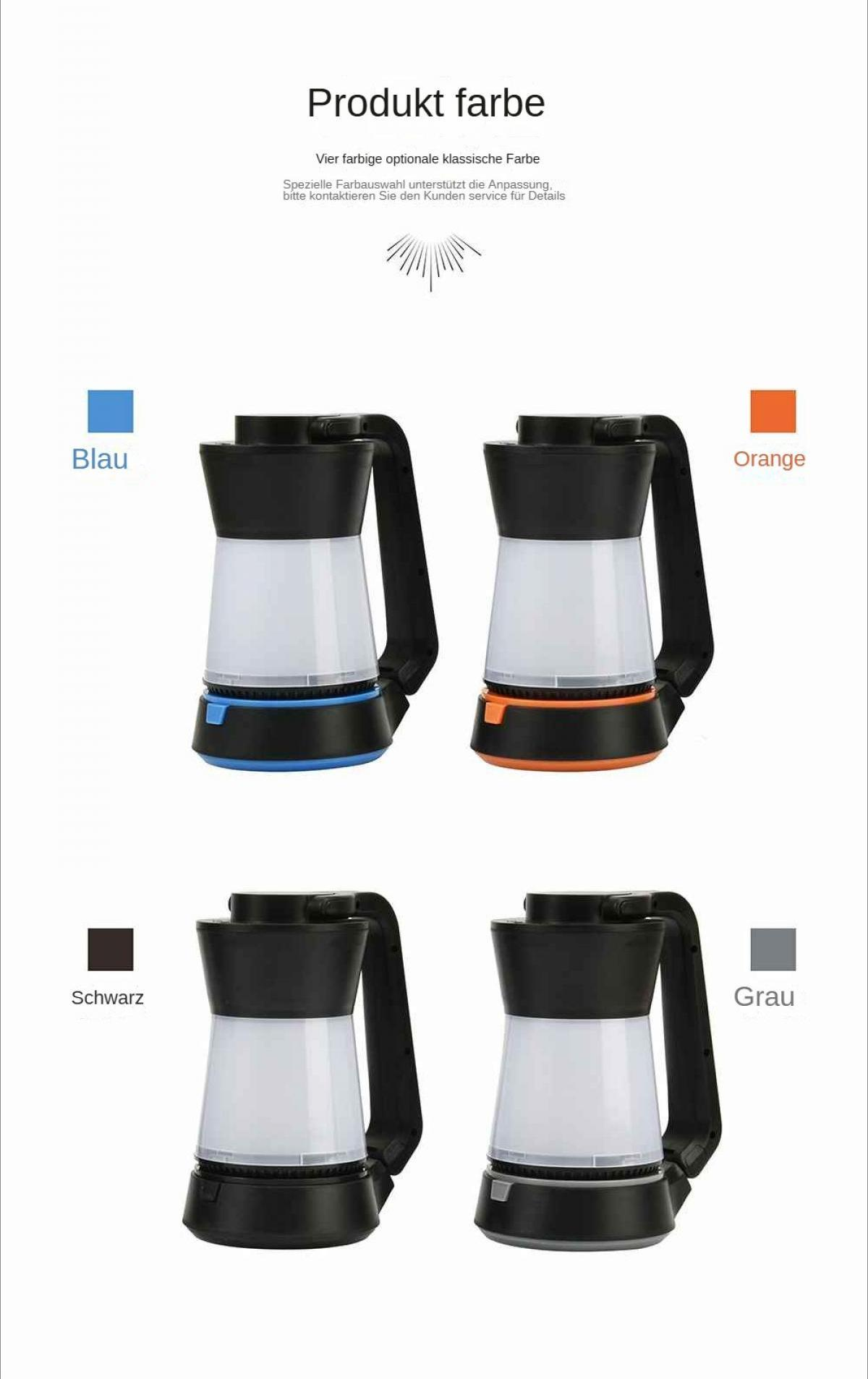 Vier Lampen in den Farben Blau, Orange, Schwarz und Grau.