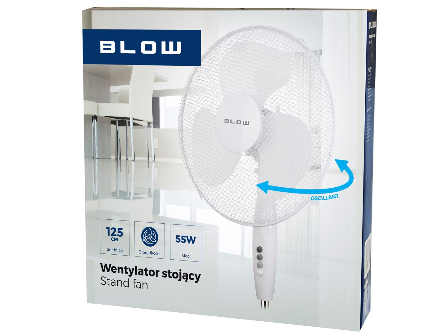 Biały wentylator stojący, średnica 125cm, moc 55W, z funkcją oscylacji.