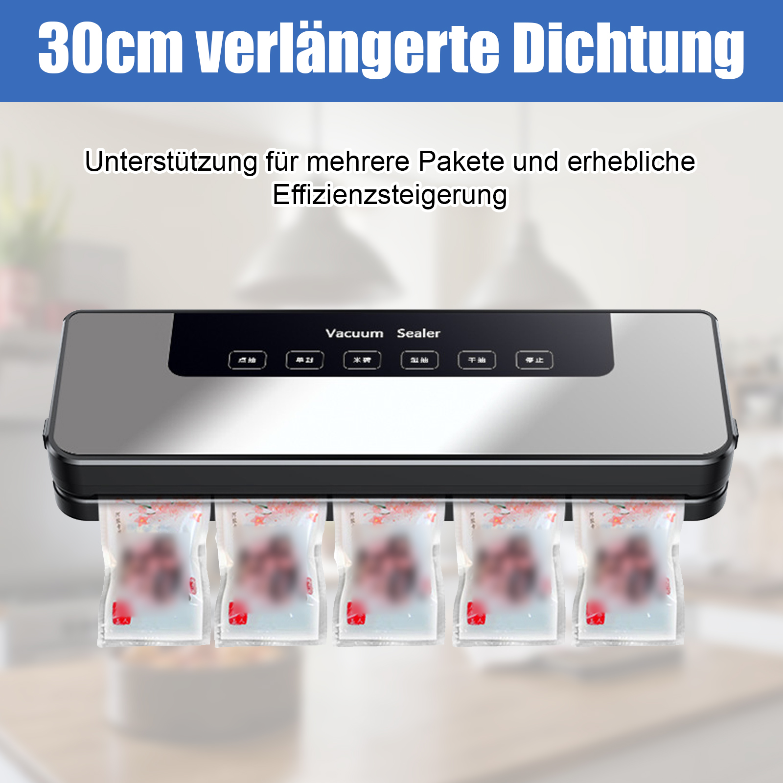 Ein Vakuumierer mit fünf versiegelten Beuteln mit Lebensmitteln.